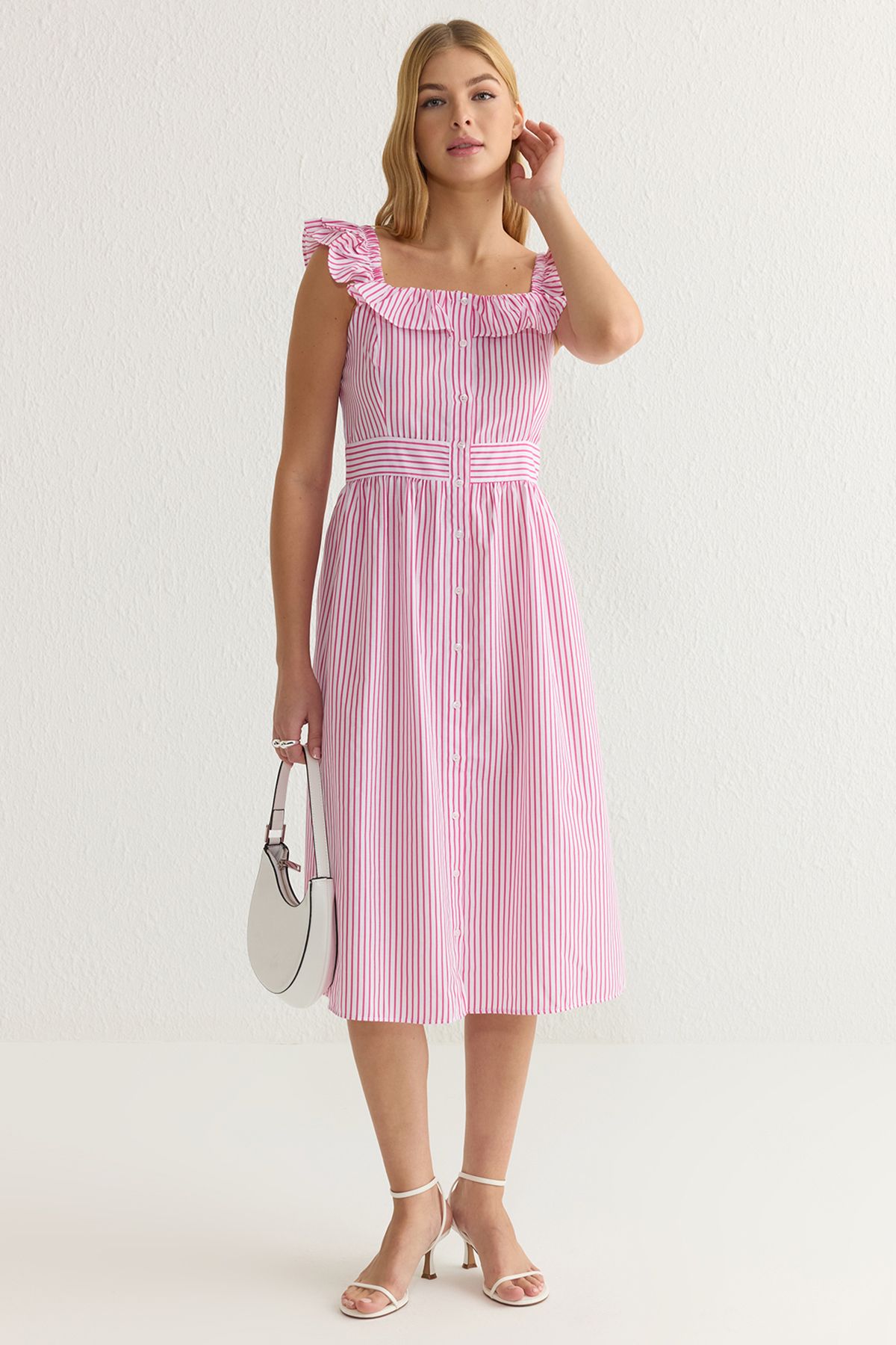 Trendyol Collection Fukszia csíkos fodros Midi szőtt ruha TWOSS21EL1306