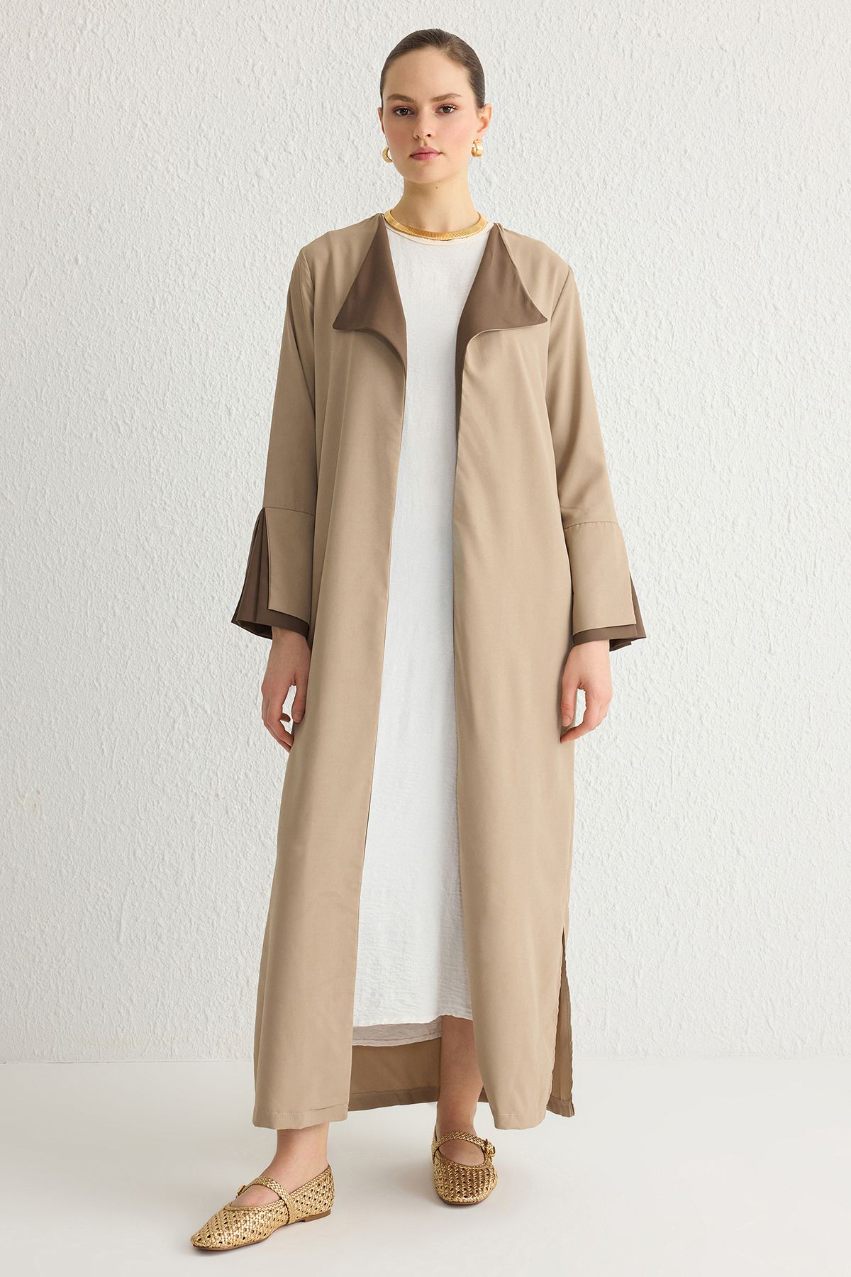 Trendyol Modest-Бежево-коричнева довга ткана шапка з аеробіну Abaya Abaya TCTSS24KF00011 2