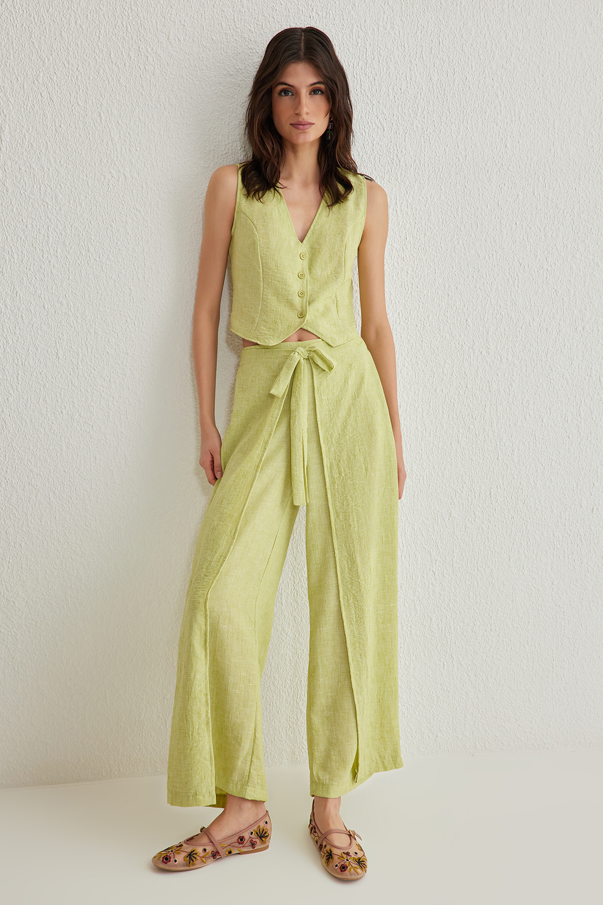 Trendyolmilla  Yağ Yeşili Önden Bağlama Detaylı Dokuma Alt-Üst Takım TWOSS25AU00018 - Görsel 2