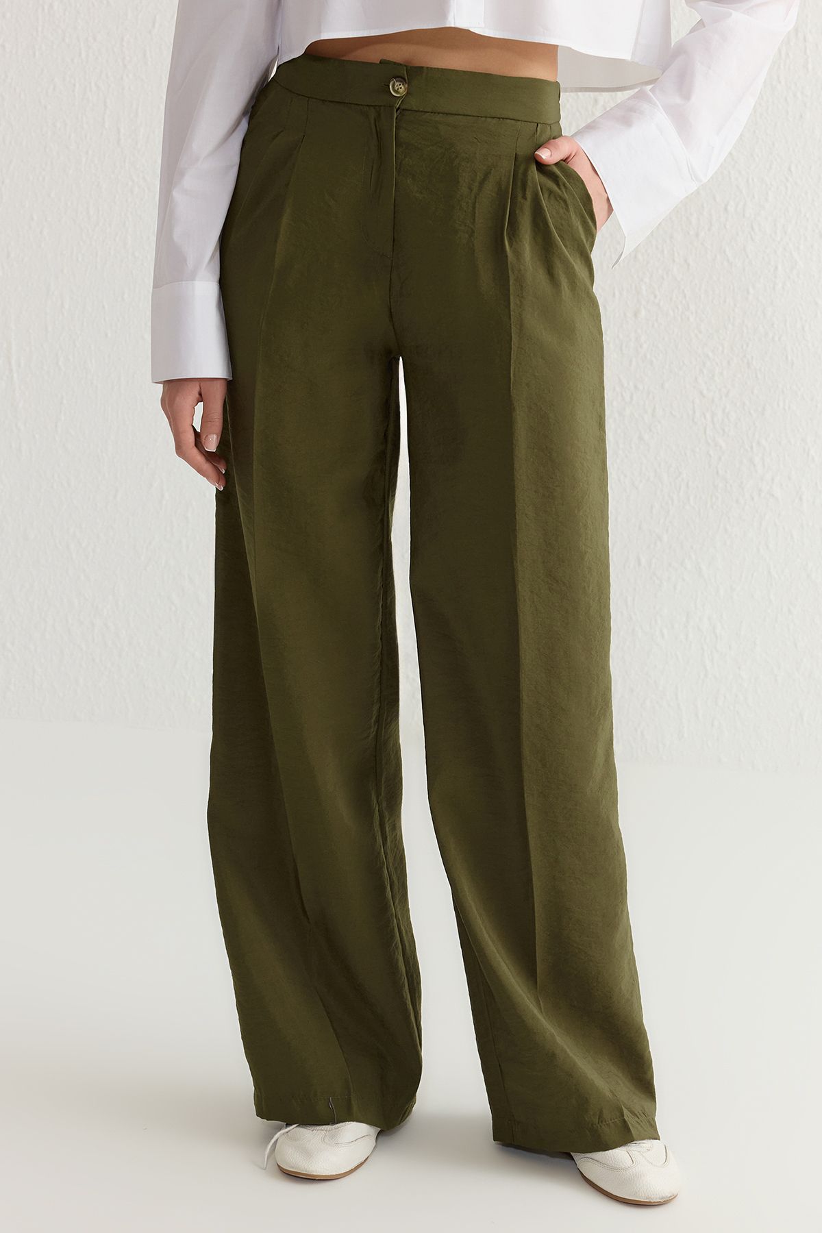 Trendyol Collection-Khaki Modal Wide-Leg Pants - Soft Tuşel Twoss25Pl00004 4