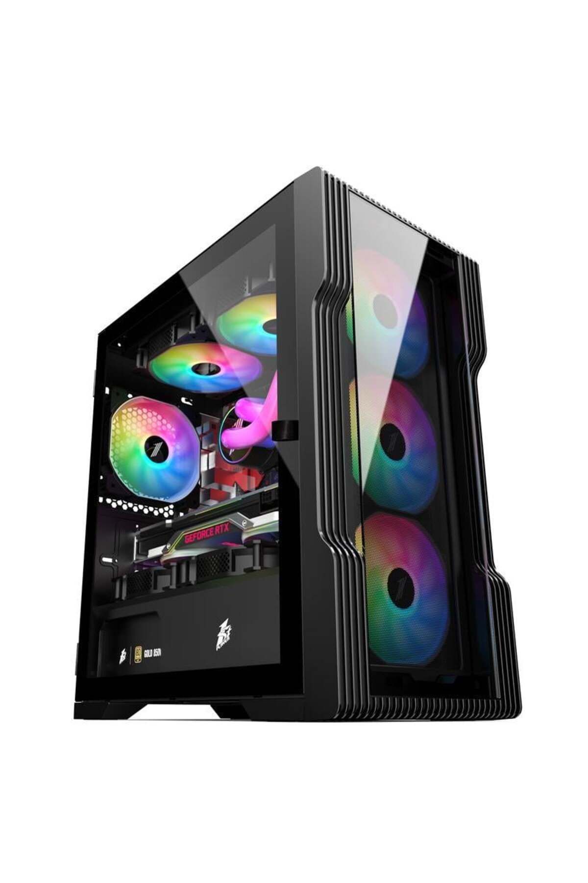 Hızlı Stok 1ST PLAYER TRILOBITE T3-G SİYAH 600W 80+ RAINBOW 4X12CM FAN TEMPERLİ CAM USB 3.0 M-ATX KASA