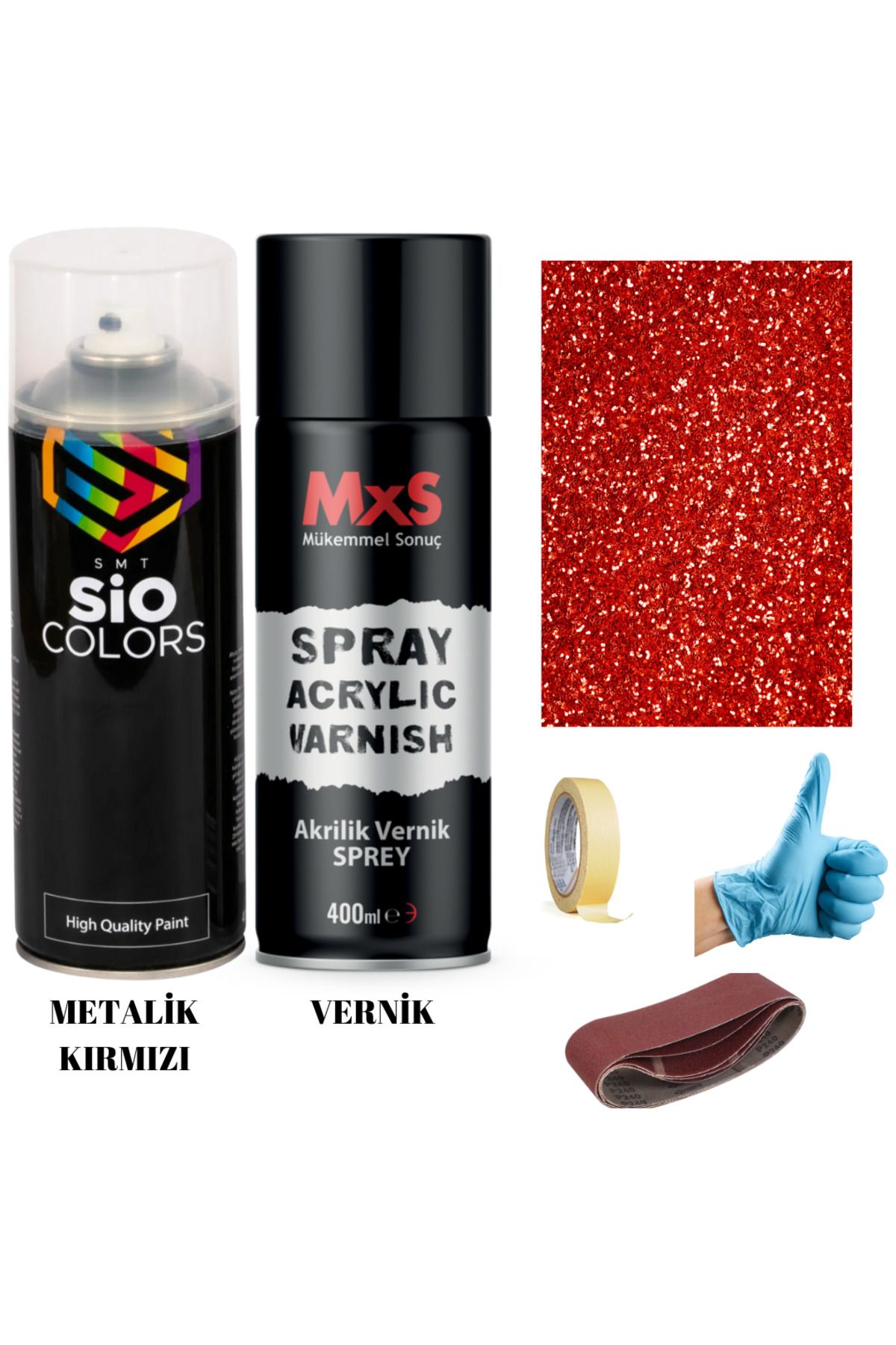 sıocolors JANT+SPOLİER+MOTOR METALİK + AKRİLİK VERNİK SPREY BOYA 400 ML + ZIMPARA+KAĞITBAND+ELDİVEN