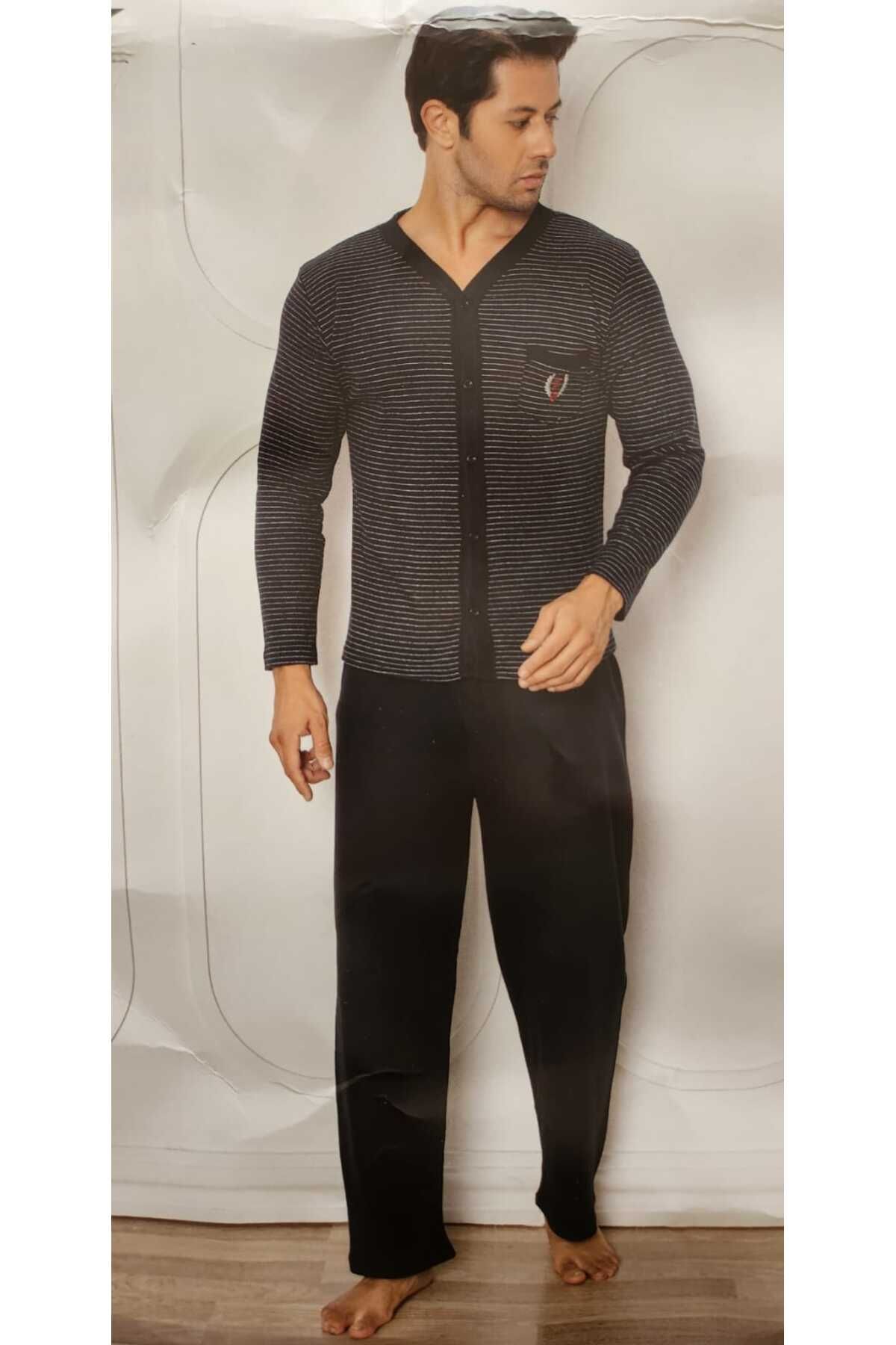 FALKOM-Long Sleeve Front Button Interlock Men's Pajamas Set 5000 1