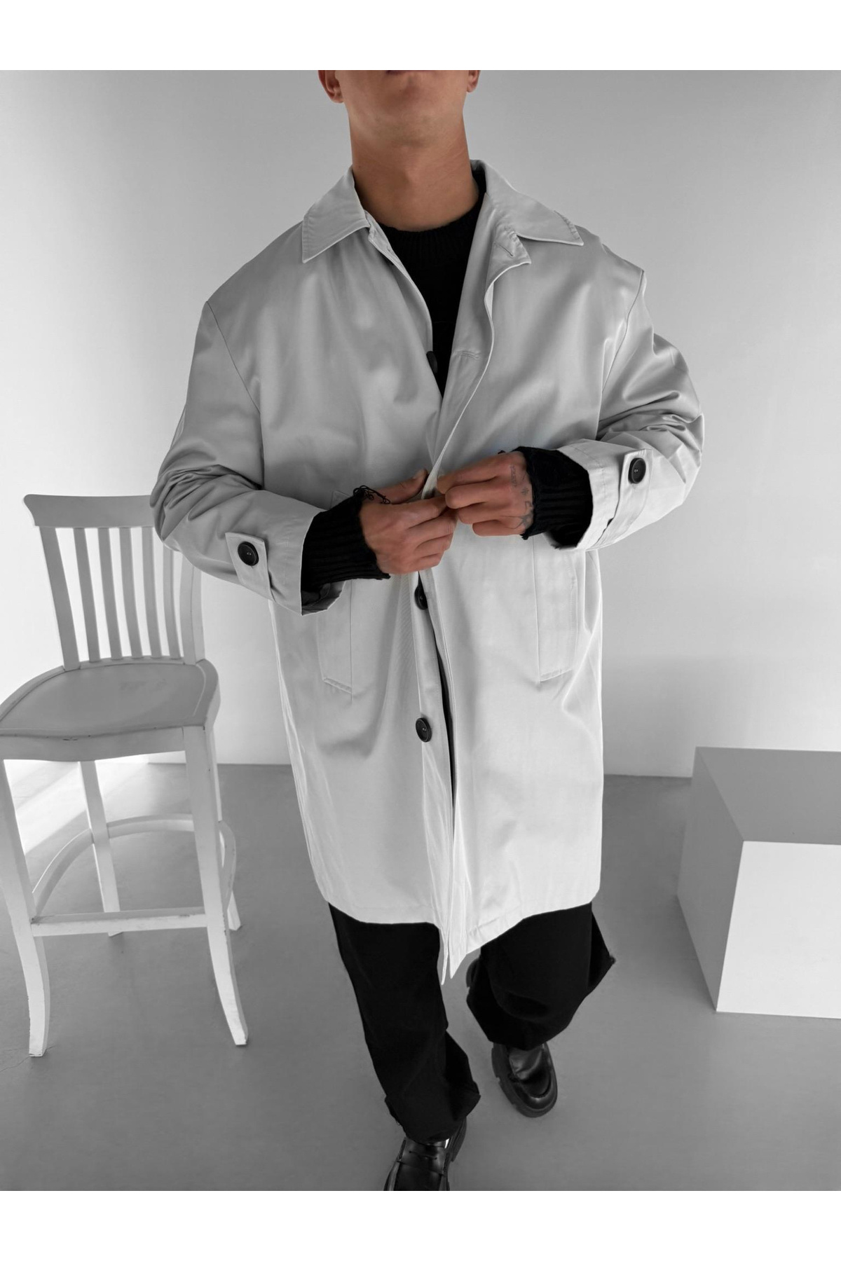 ablukaonline  Erkek Oversize Uzun Su Ve Rüzgar Geçirmez Pardesü Trençkot Gri - Görsel 2