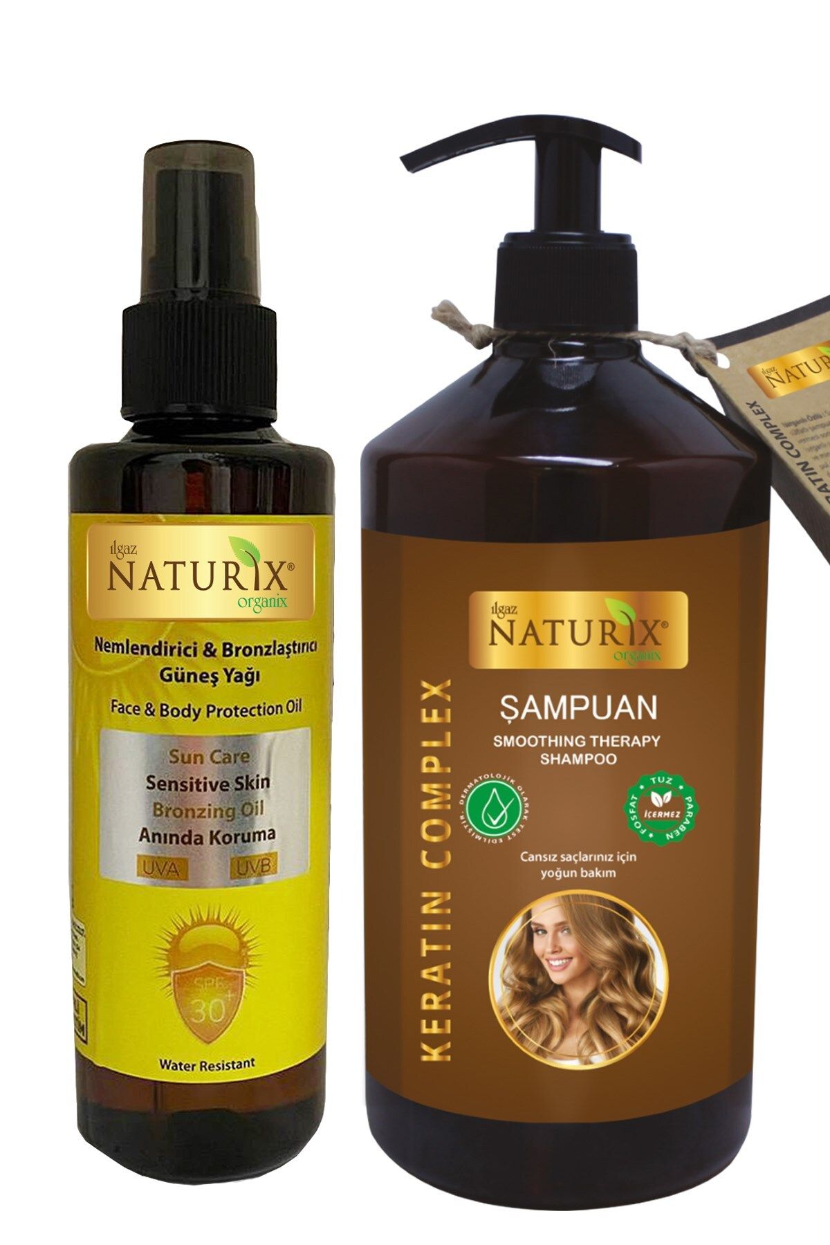 Naturix Bronzlaştırıcı Güneş Yağı SPF 30 & Tuzsuz Keratin Şampuan – Cilt ve Saç Bakım Seti