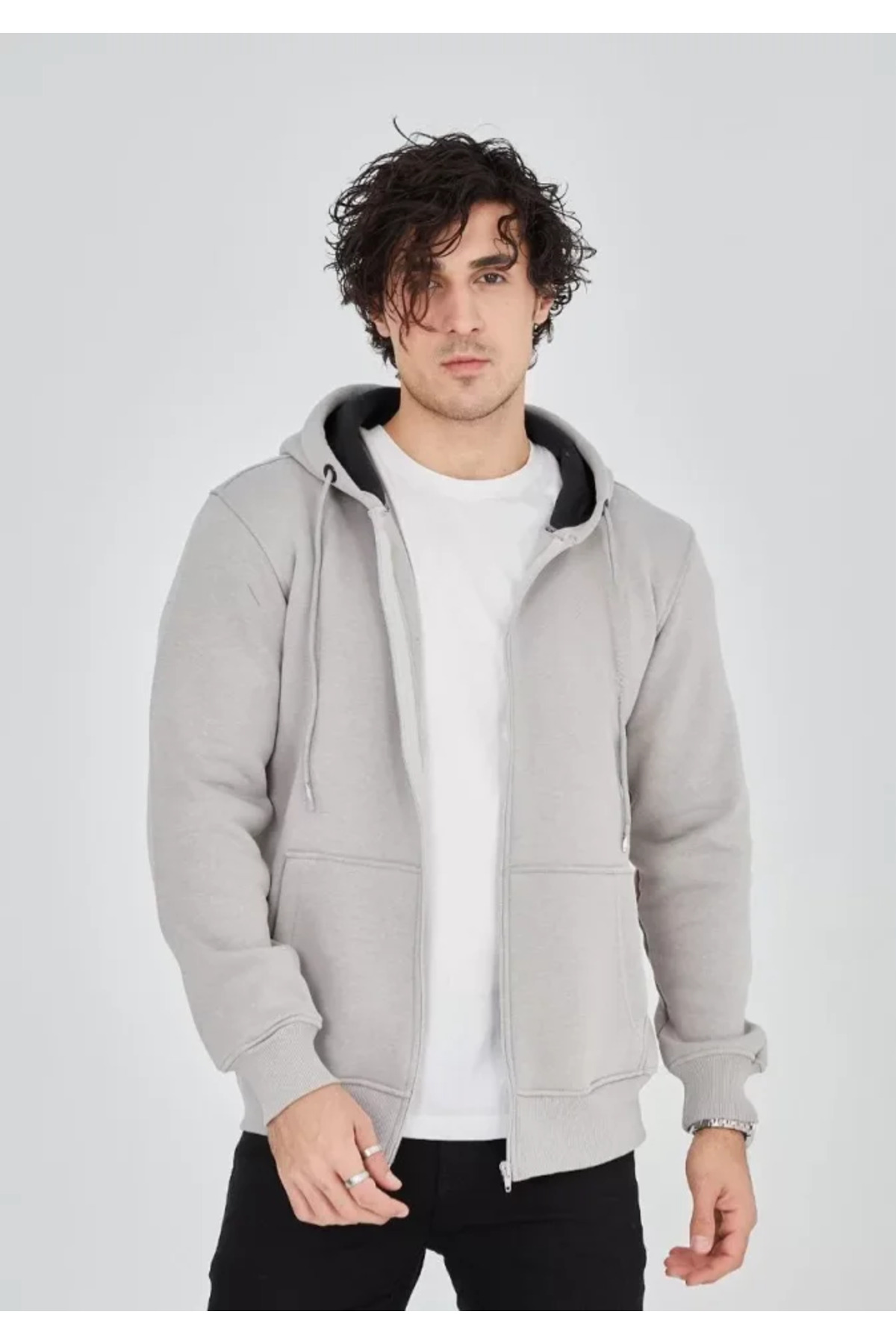 Unisex Tam Fermuarlı Kapşonlu  SweatShirt - Boyalı Gri