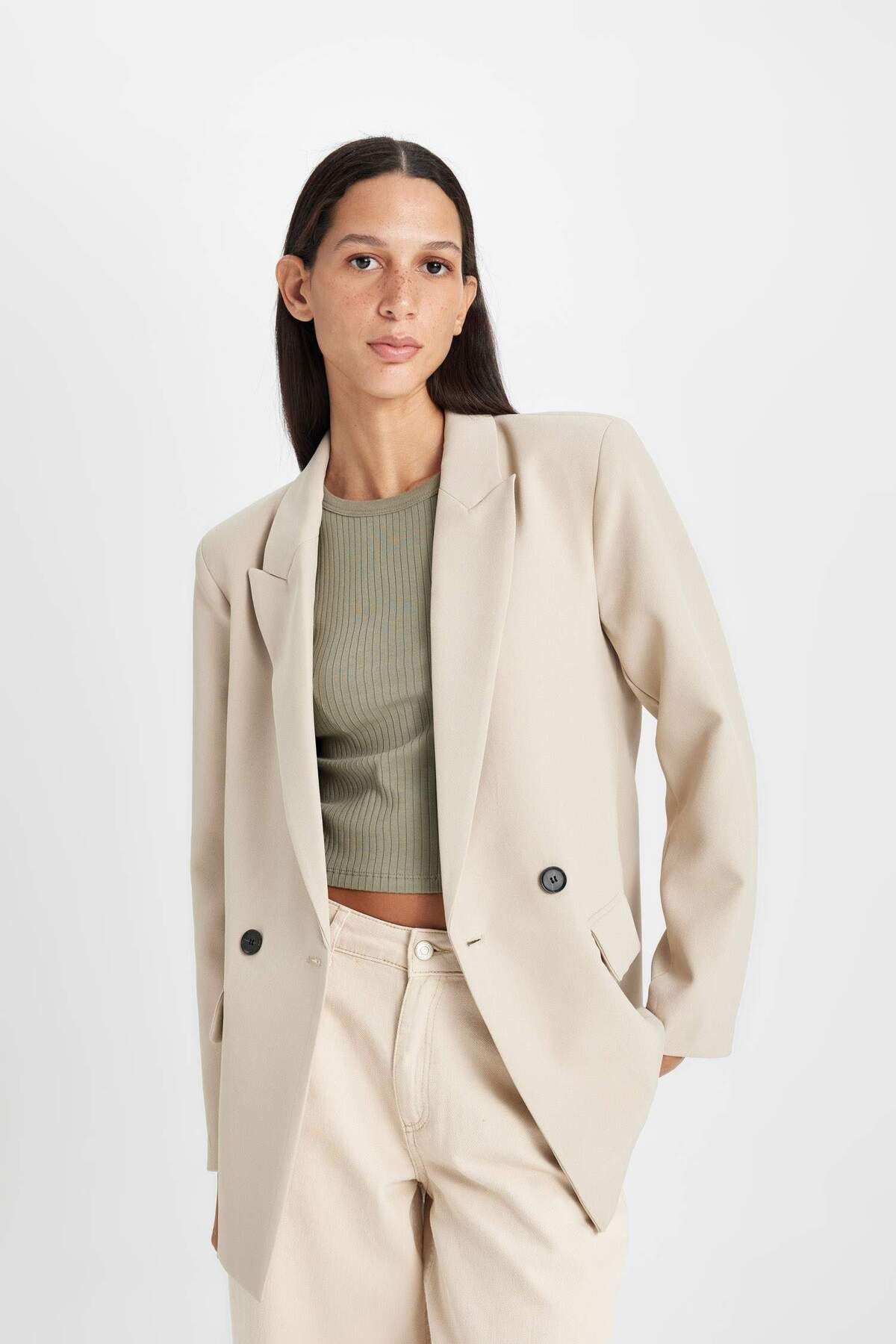 DeFacto-Dfm - Oversize Fit Wide Fit Jacket Collar Button Closure Basic Plain Blazer Jacket 2