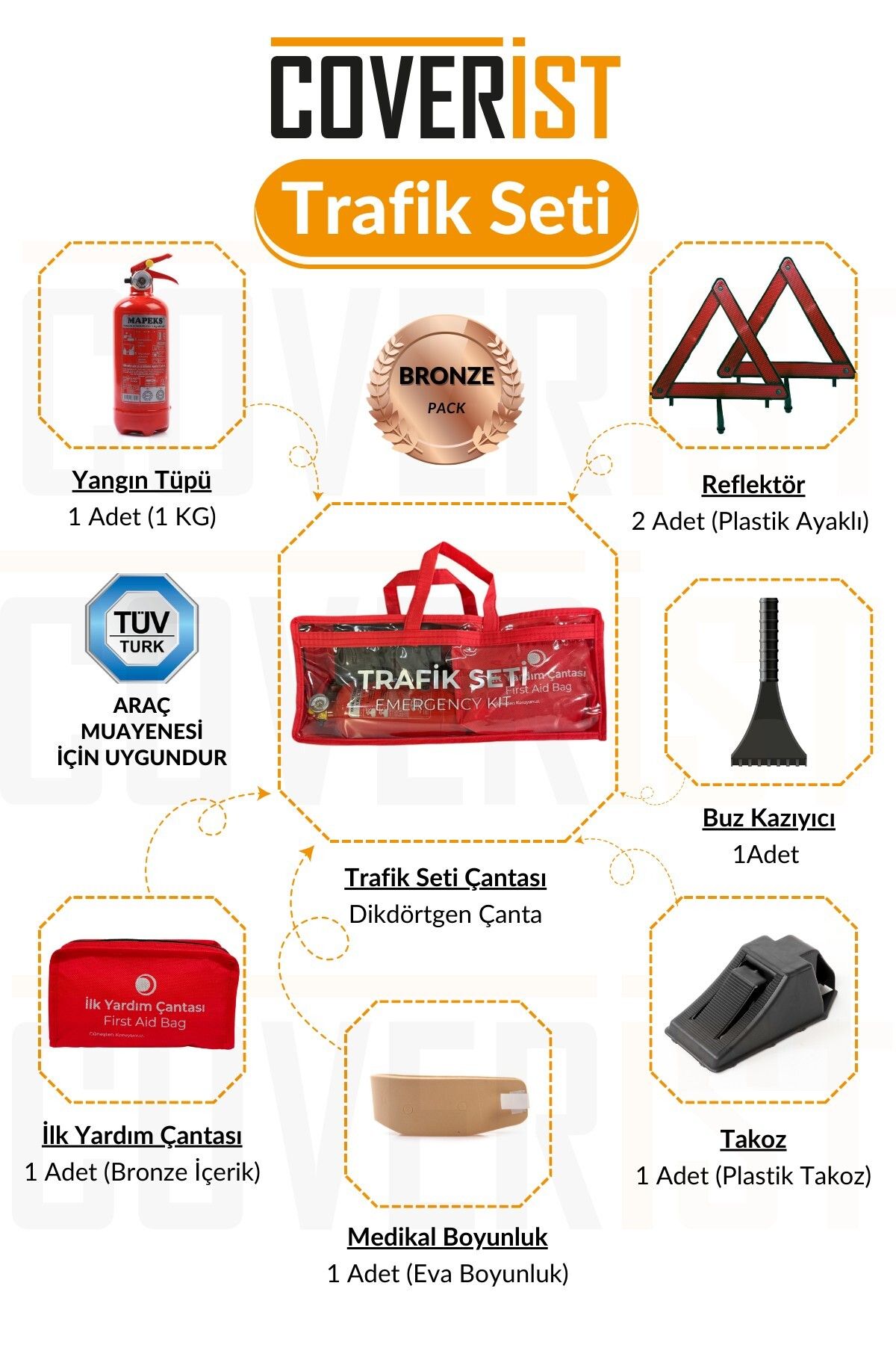 Trafik ve İlk Yardım Seti - Muayene Uyumlu 1 KG Araç Yangın Tüpü - 2 Adet Reflektör - Bronze Pack