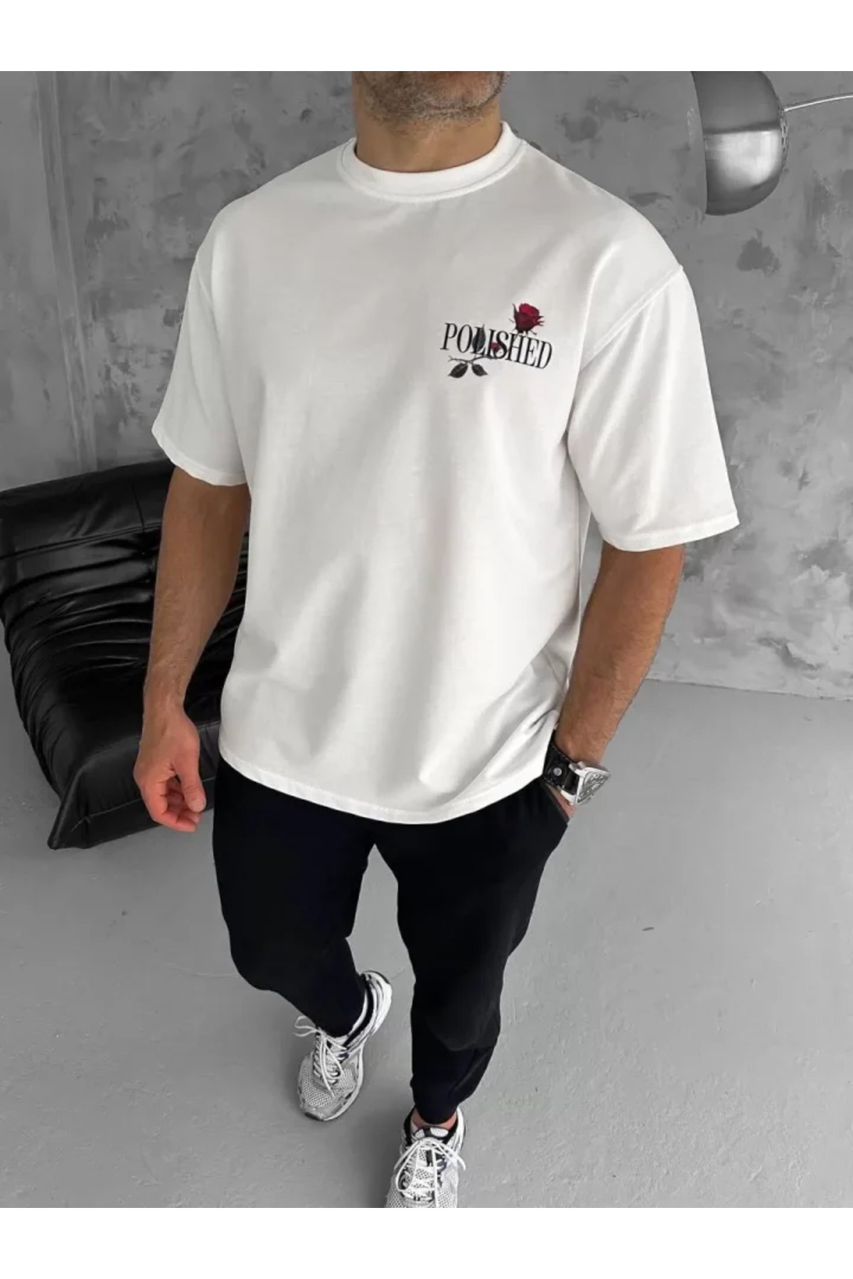 Unisex Bisiklet Yaka Baskılı Oversize T-Shirt - Beyaz