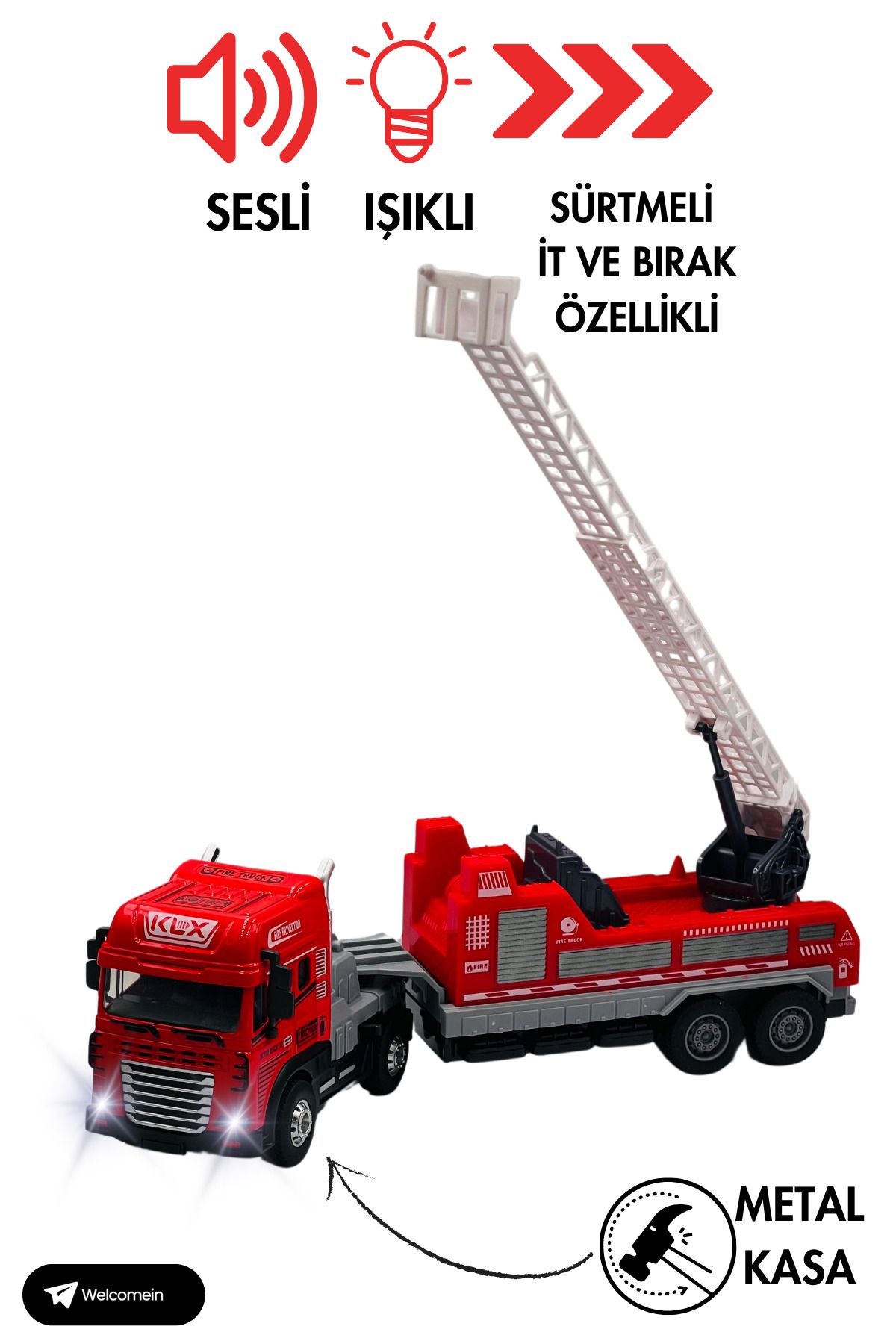 welcomein Oyuncak Sürtmeli İt Bırak Sesli Işıklı Müzikli Die Cast 1:24 32 cm Sesli Işıklı İtfaiye Aracı