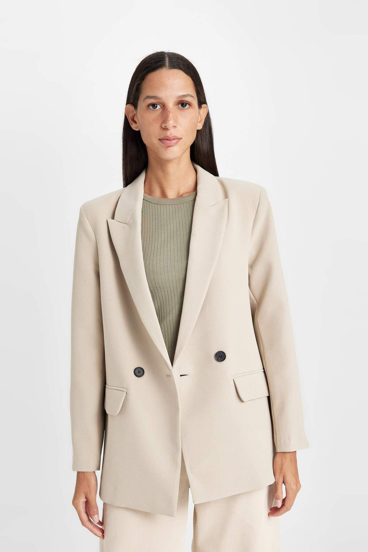 DeFacto-Dfm - Oversize Fit Wide Fit Jacket Collar Button Closure Basic Plain Blazer Jacket 3