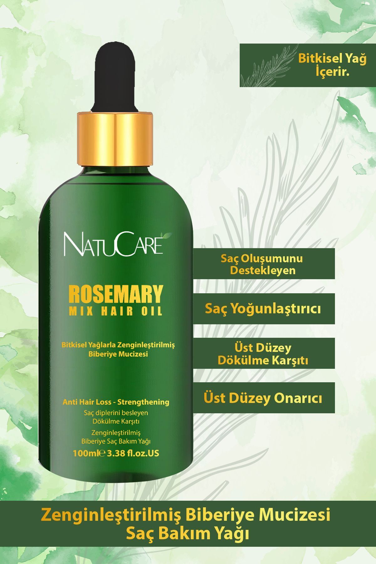 NatuCare Saç Dökülmesine Karşı Ve Hızlı Uzatma Etkili Biberiye Yağı 100ml