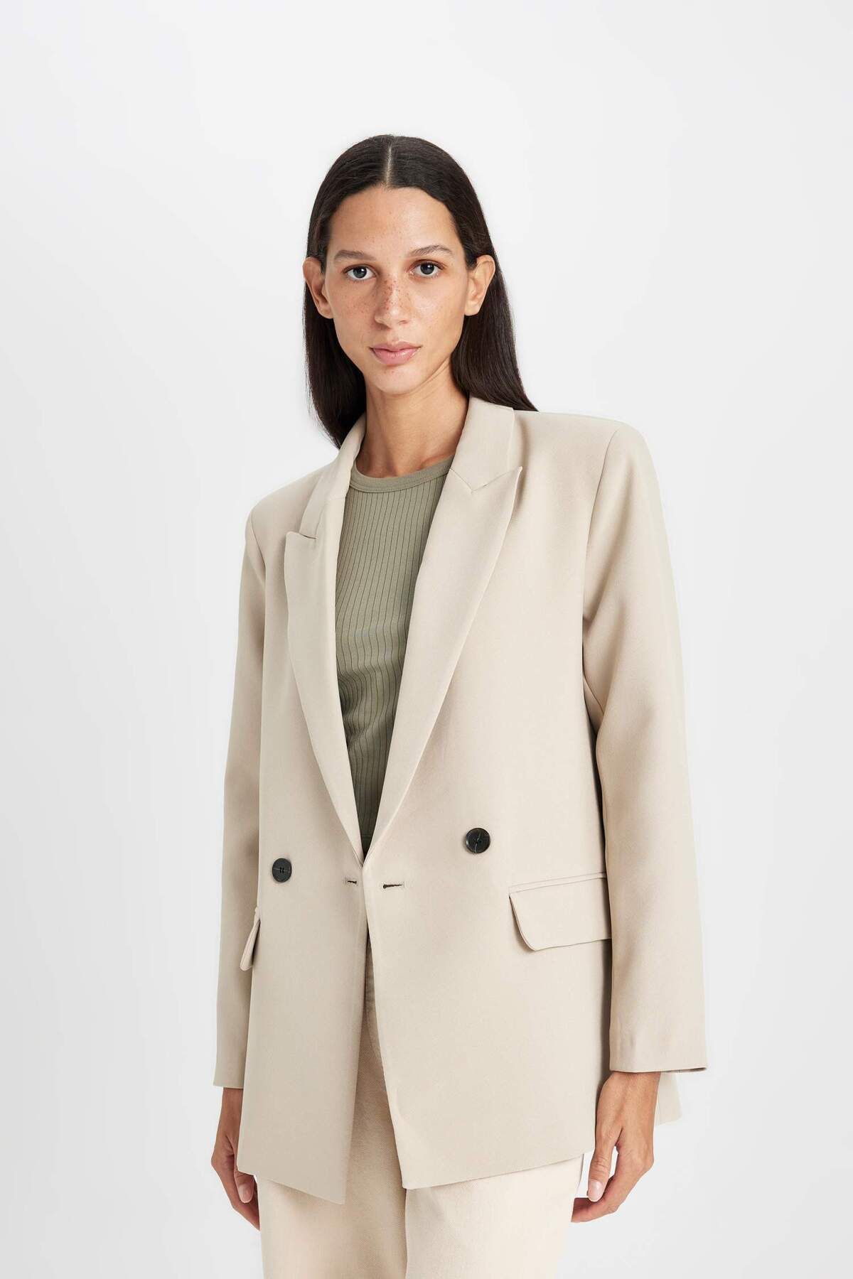 DeFacto-Dfm - Oversize Fit Wide Fit Jacket Collar Button Closure Basic Plain Blazer Jacket 1