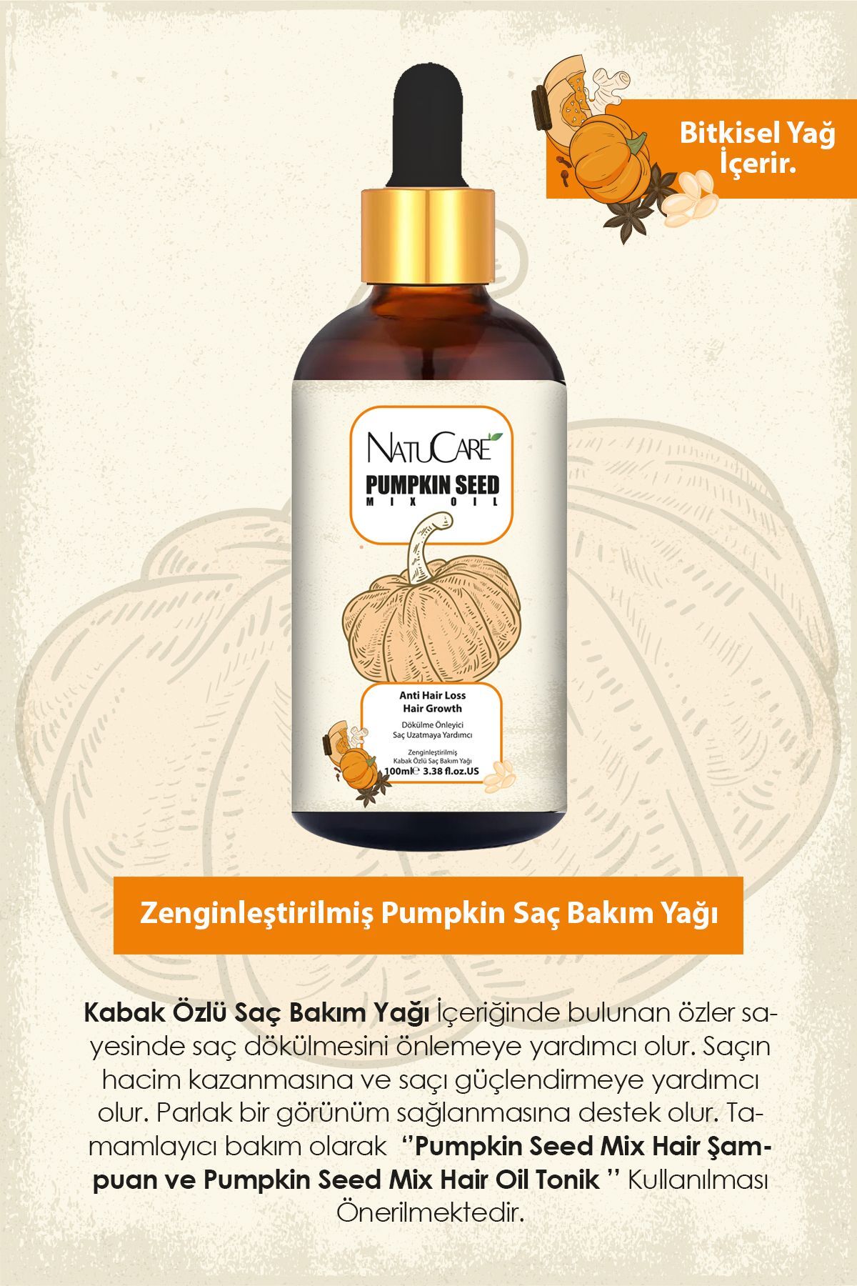 Üst Düzey Güçlendirme Ve Saç Telleri Onarıcı Pumpkin Saç Bakım Yağı 100ml — NC-6109 — تصویر 3 از 4