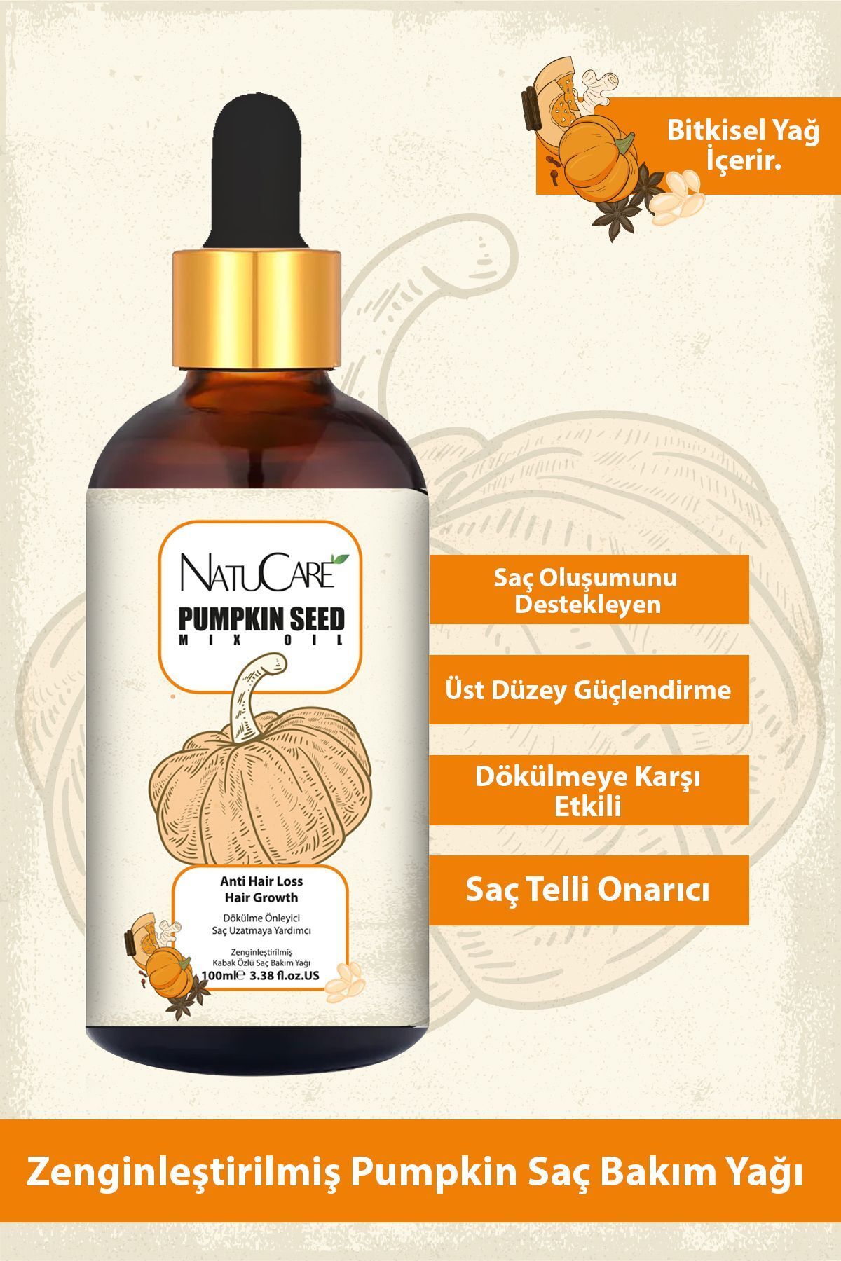 NatuCare Üst Düzey Güçlendirme Ve Saç Telleri Onarıcı Pumpkin Saç Bakım Yağı 100ml