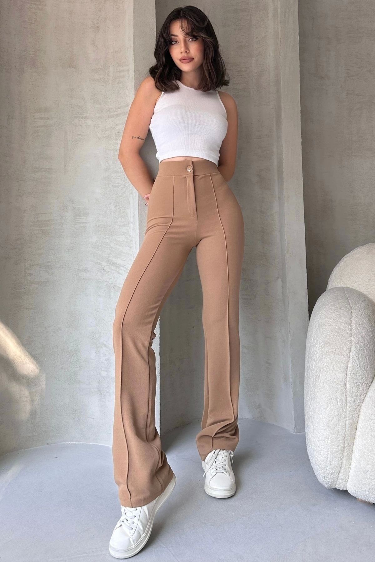 NO979-Women's Beige High Waist Slim-fit Flare Leg Palazzo Pants 4