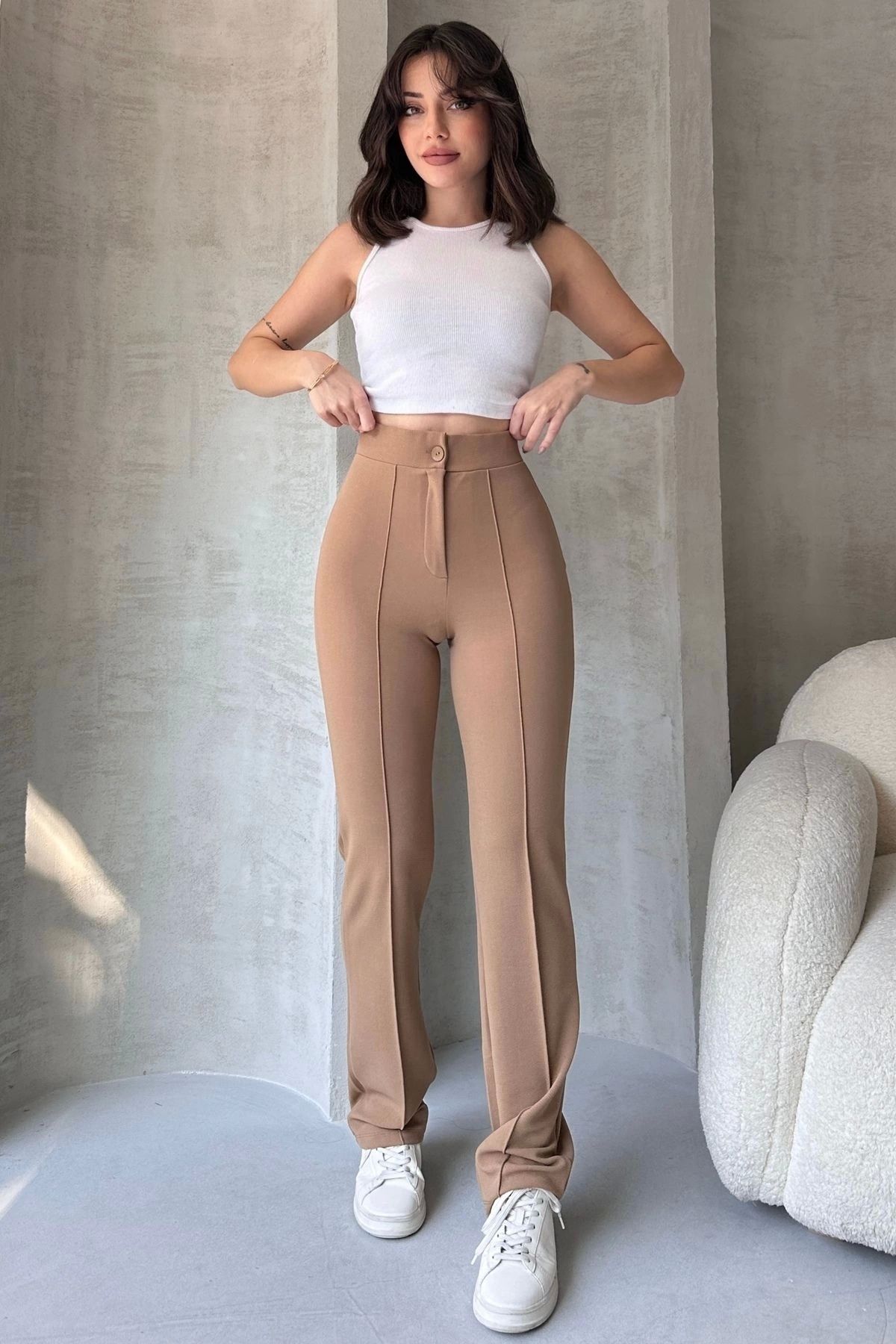 NO979-Women's Beige High Waist Slim-fit Flare Leg Palazzo Pants 5
