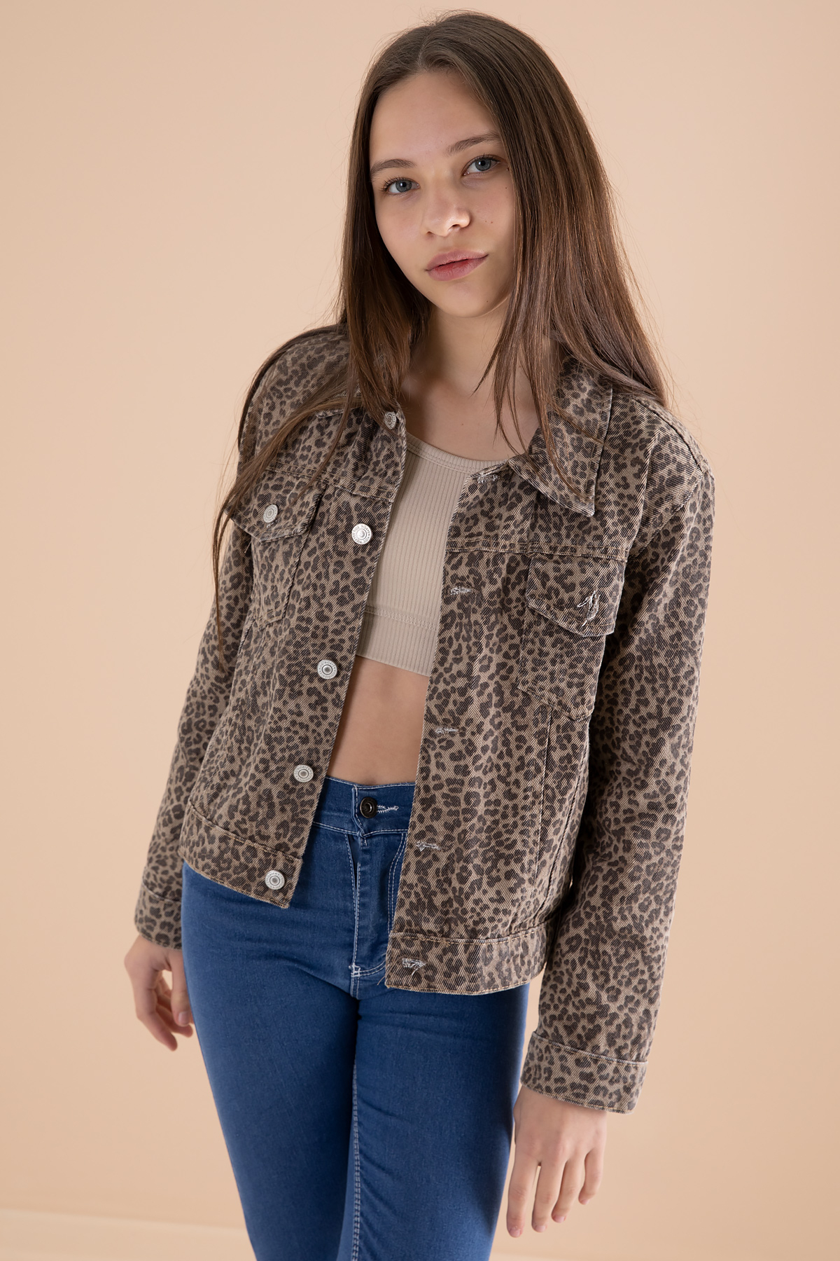 Cansın Mini  Kahve Leopar Desenli Kız Çocuk Düğmeli Jean Ceket 20144 - Görsel 2