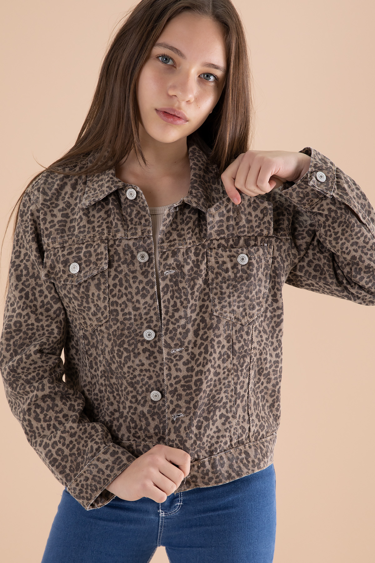 Cansın Mini  Kahve Leopar Desenli Kız Çocuk Düğmeli Jean Ceket 20144 - Görsel 6