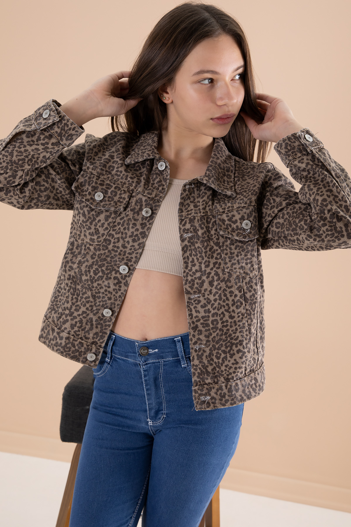 Cansın Mini  Kahve Leopar Desenli Kız Çocuk Düğmeli Jean Ceket 20144 - Görsel 4