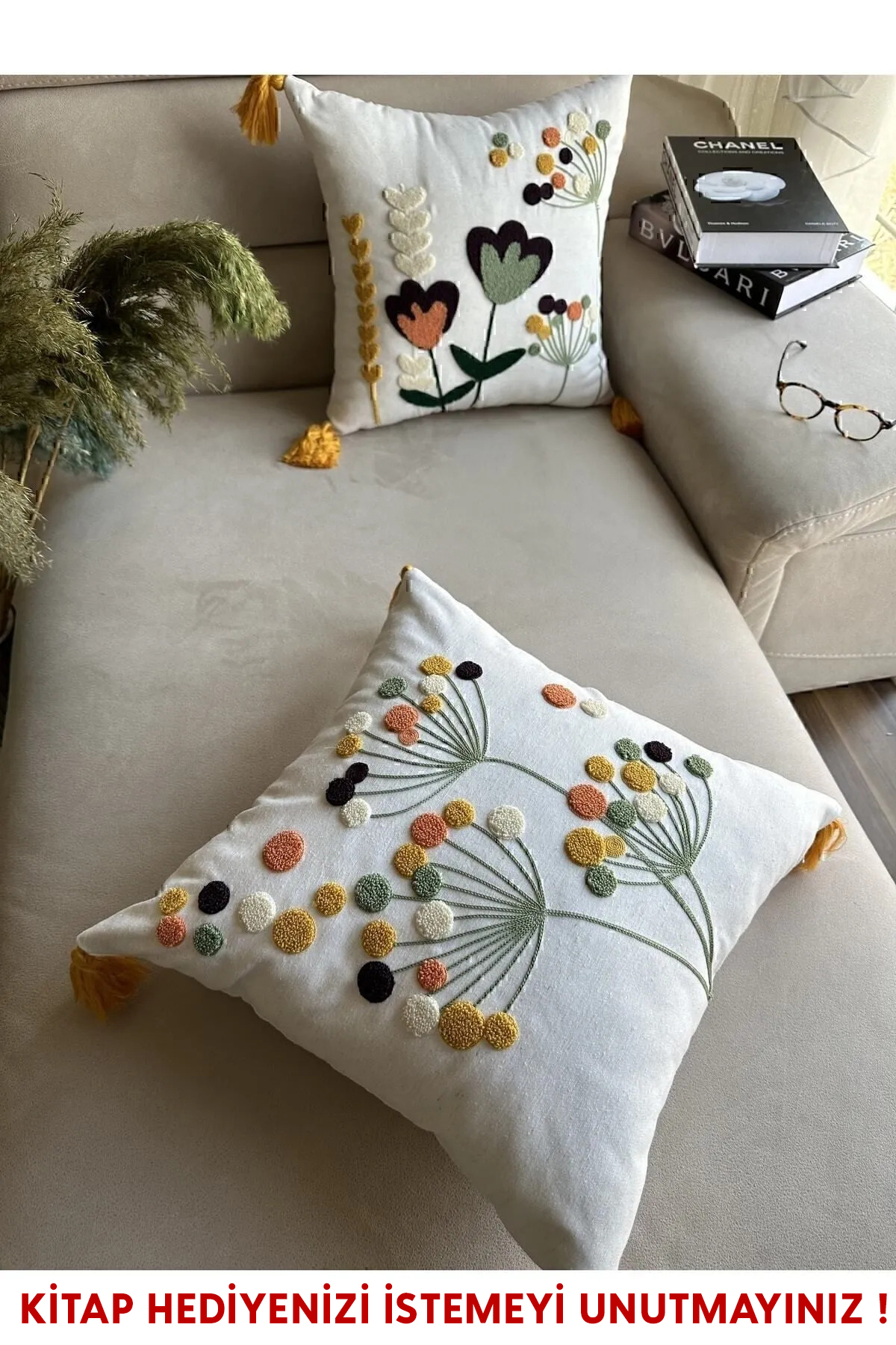 Bade Design Beyaz Kumaş Punch Nakışlı 2 Adet Kırlent Kılıfı (TAKIM ...