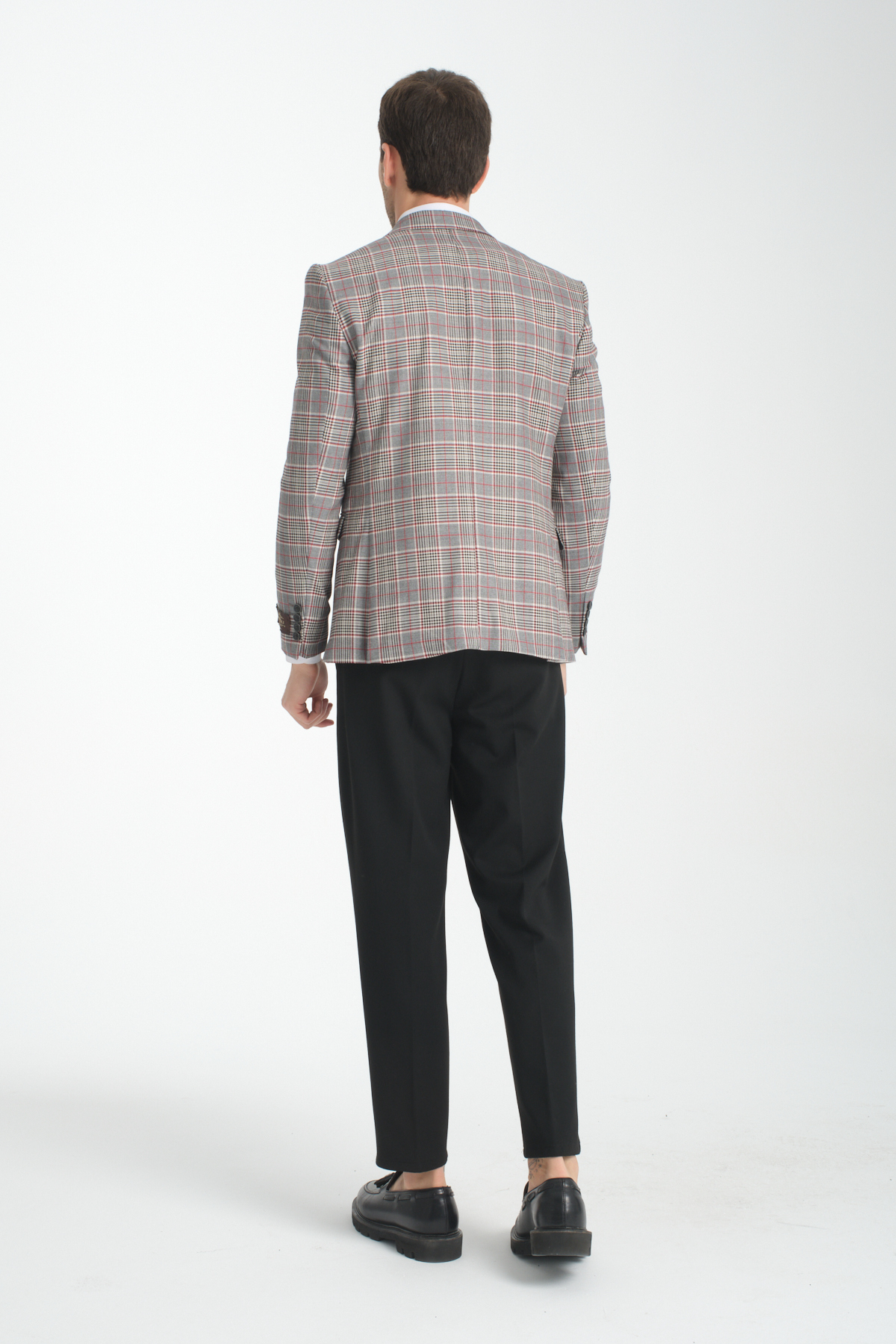 Frappoli  Ferruci Erkek Siyah - Bordo Ekose Slim Fit Dar Kesim Mono Yaka Spor Blazer Ceket - Görsel 7