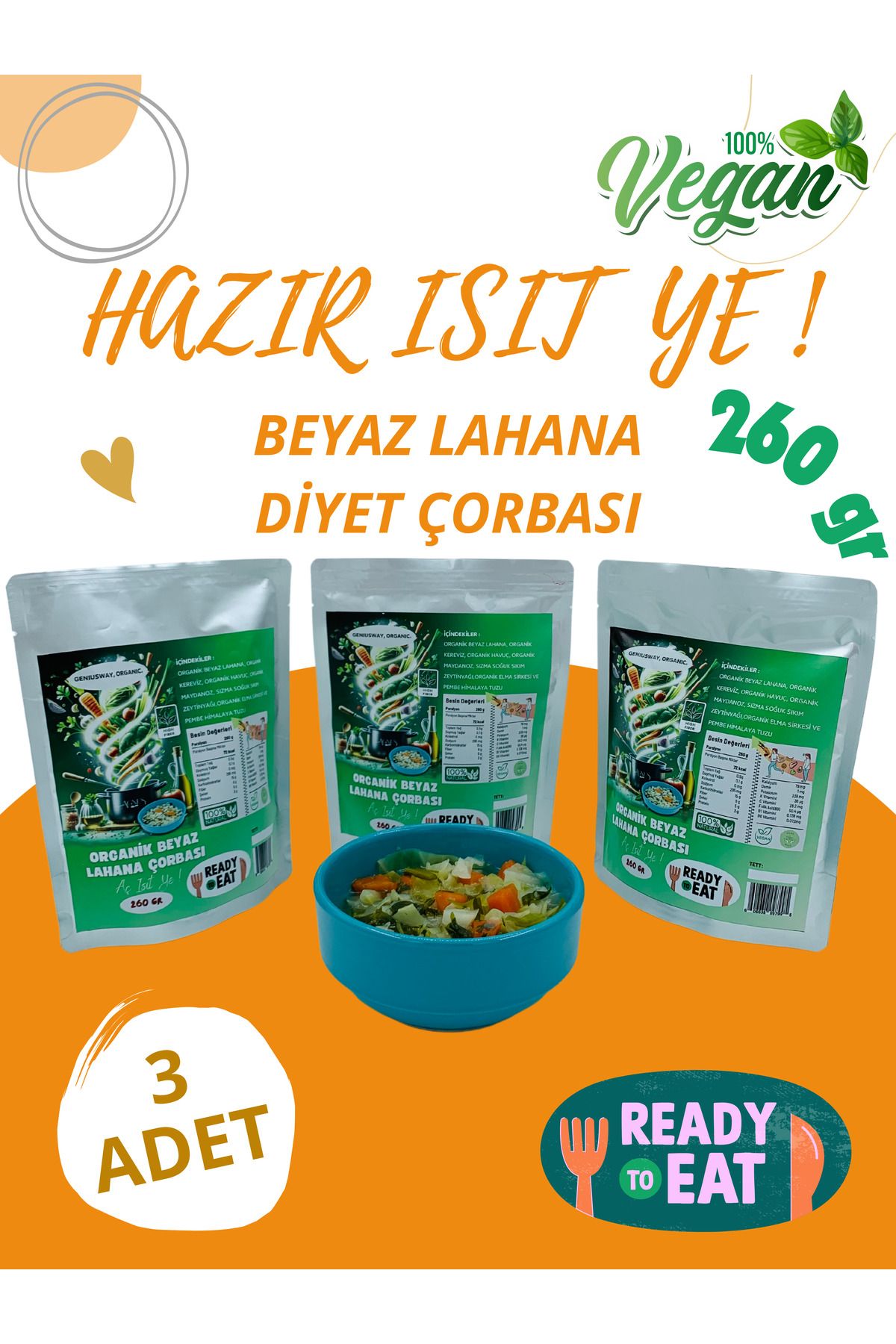 geniuspond Organik Beyaz Lahana Glutensiz Detoks Diyet Çorbası – 3 Adet ( 780 Gr)