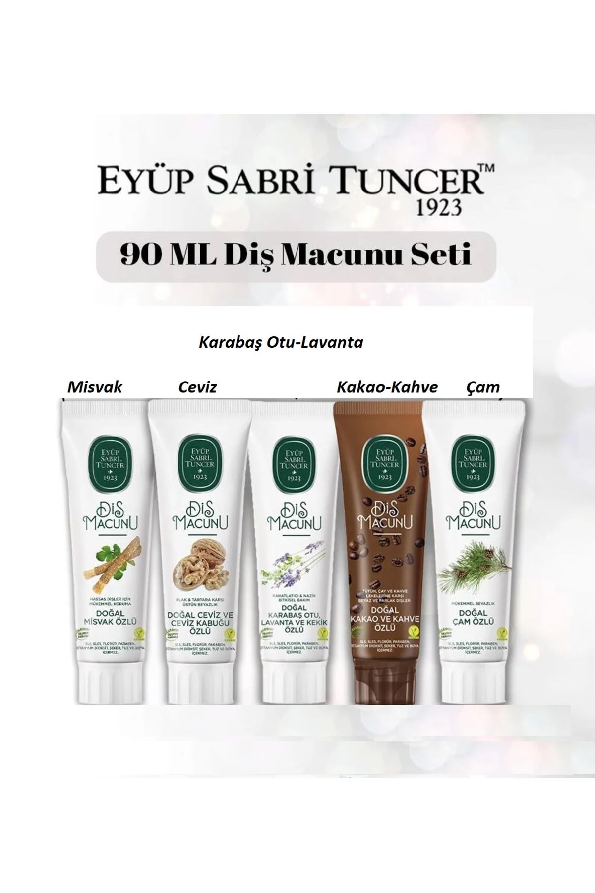 Eyüp Sabri Tuncer Misvak, Ceviz ve Ceviz Kabuğu, Karabaş Otu-Lavanta, Kakao, Çam 90 ml Diş Macunları