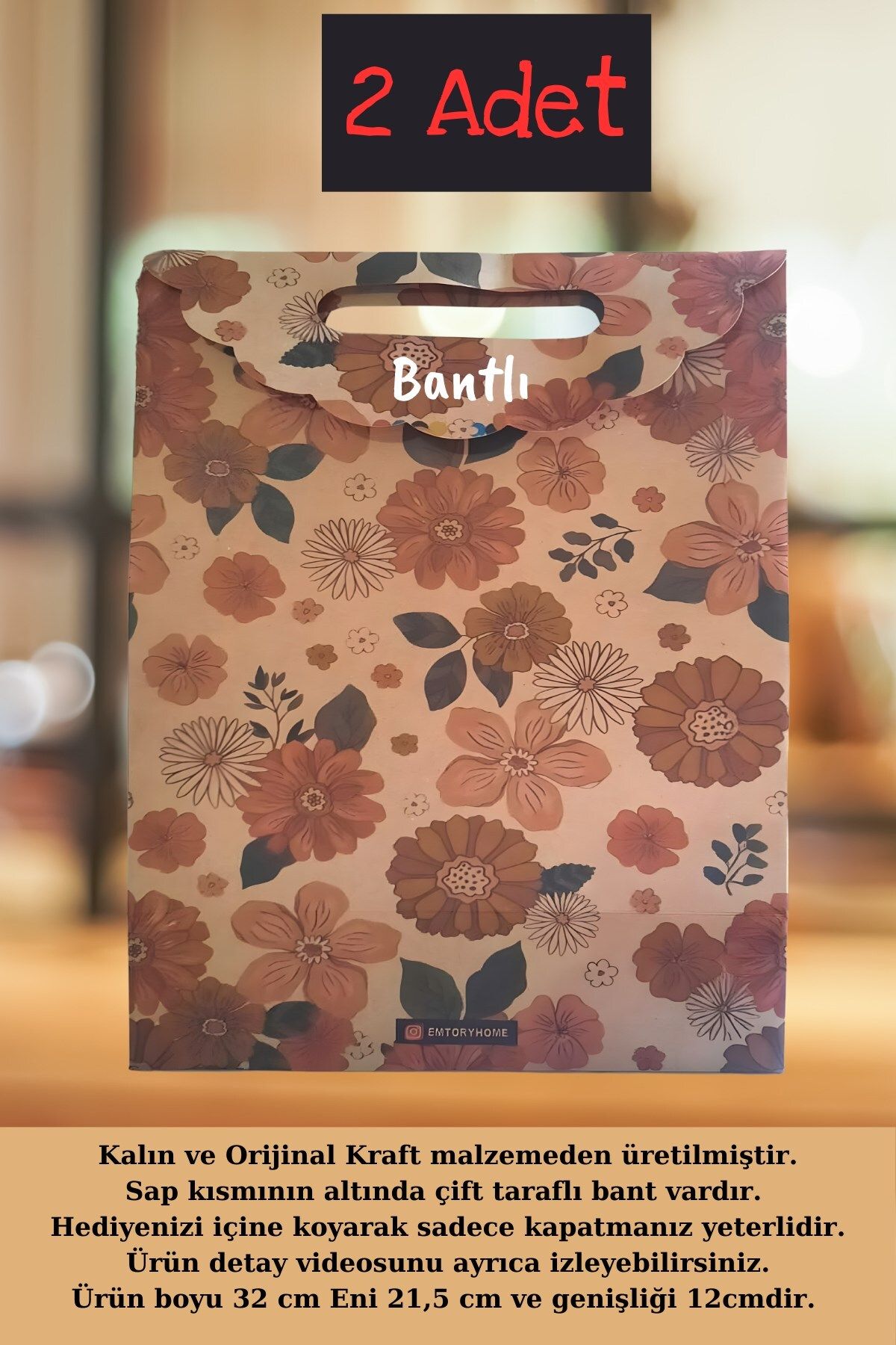 Emtory Home 2 Pungi Kraft Florale - Pachet Cadou Adeziv - Cadou De Ziua Mamei - Pachet Cadou - One Size