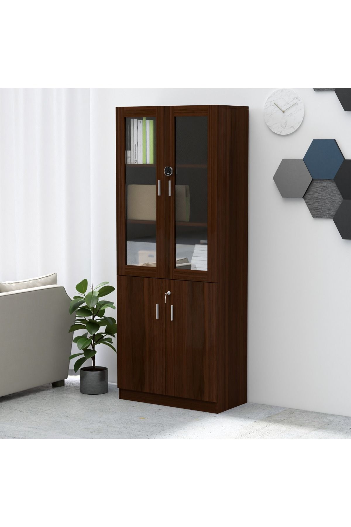 Mahmayi-Argent 1123 Full Height Wooden Bookshelf Cabinet with Digital Lock for Home-Dark Walnut 3