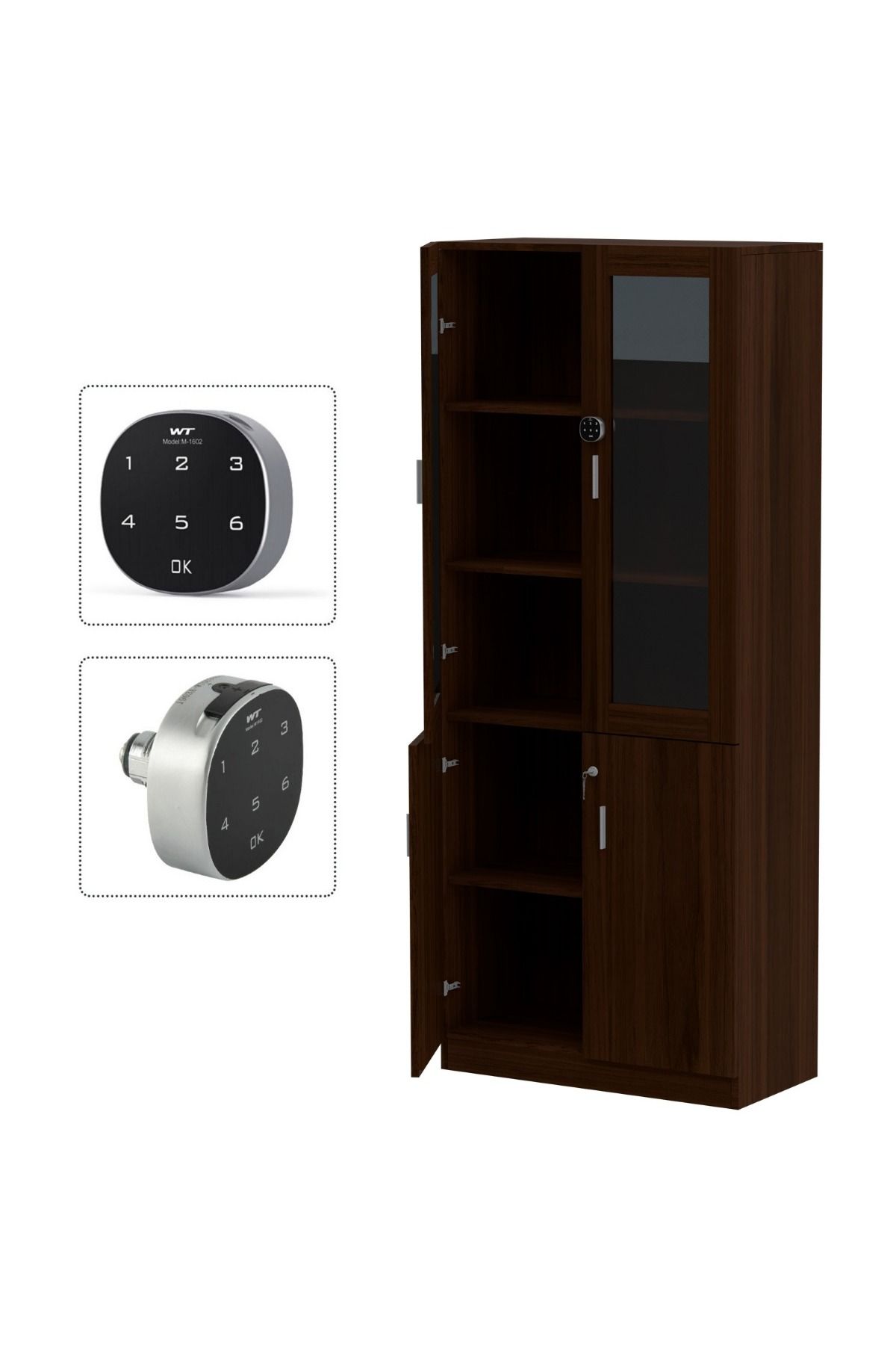 Mahmayi-Argent 1123 Full Height Wooden Bookshelf Cabinet with Digital Lock for Home-Dark Walnut 1