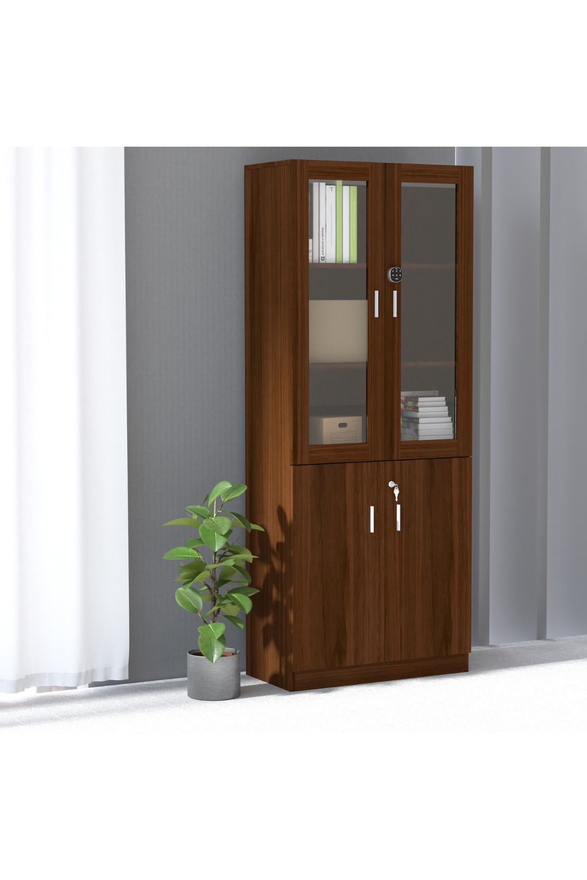 Mahmayi-Argent 1123 Full Height Wooden Bookshelf Cabinet with Digital Lock for Home-Dark Walnut 5