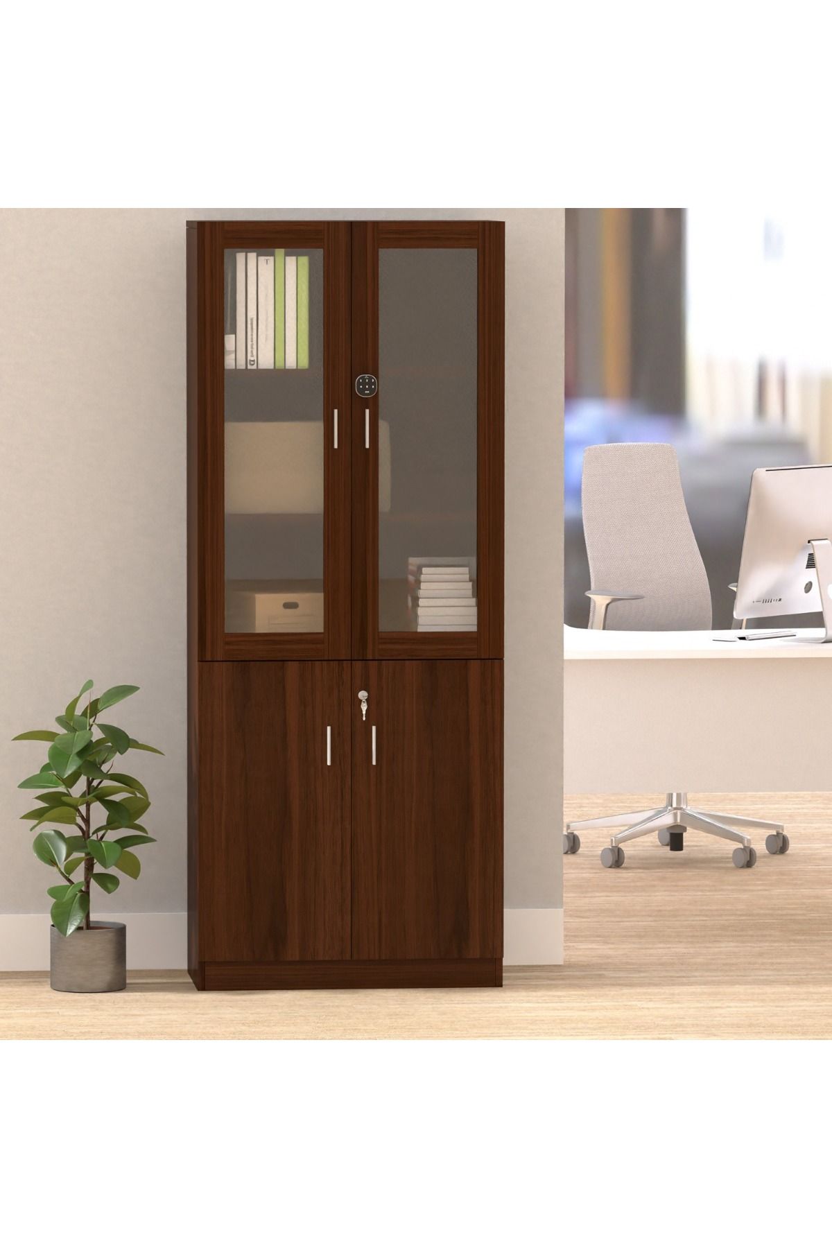 Mahmayi-Argent 1123 Full Height Wooden Bookshelf Cabinet with Digital Lock for Home-Dark Walnut 4