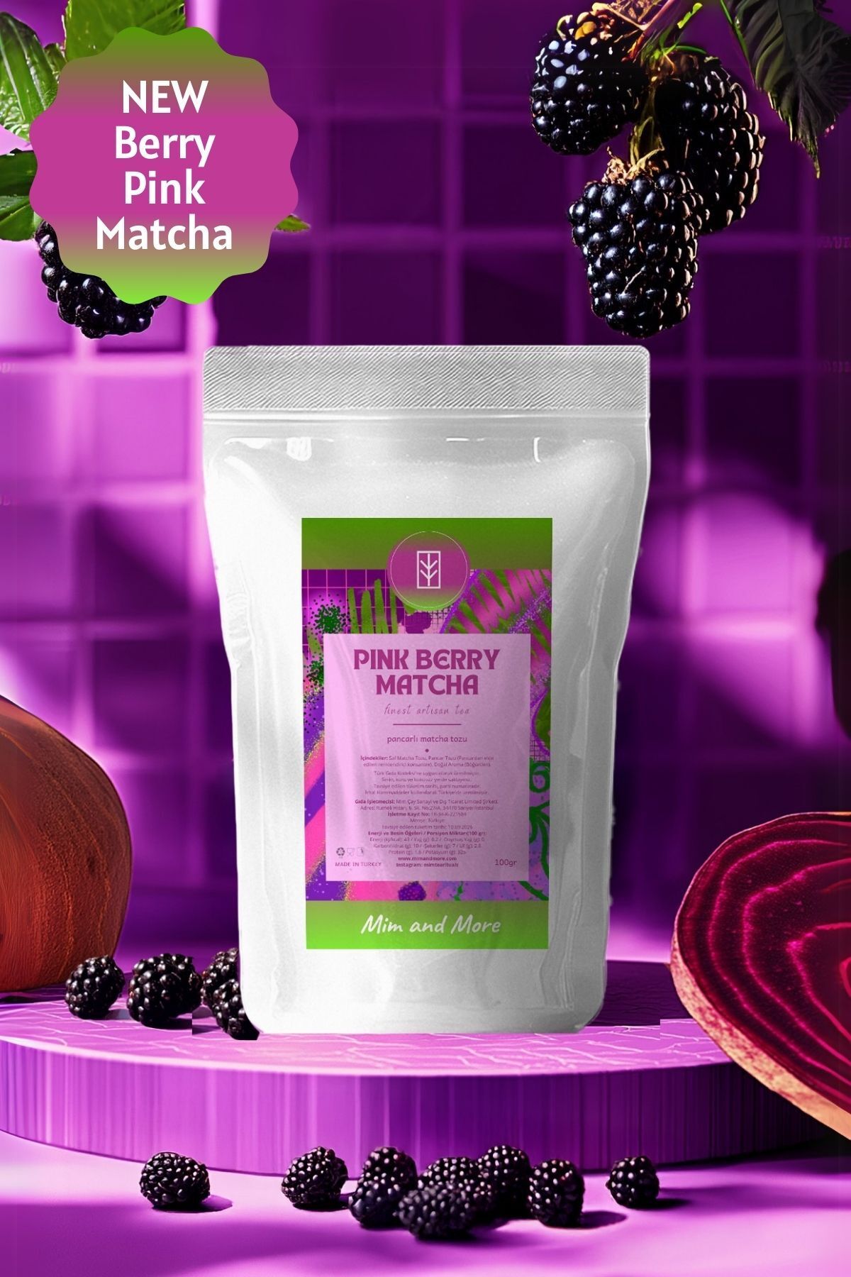 Mim and More Pink Berry Matcha - Böğürtlen Aromalı Pembe Superfood Matcha Tozu, 100 gr