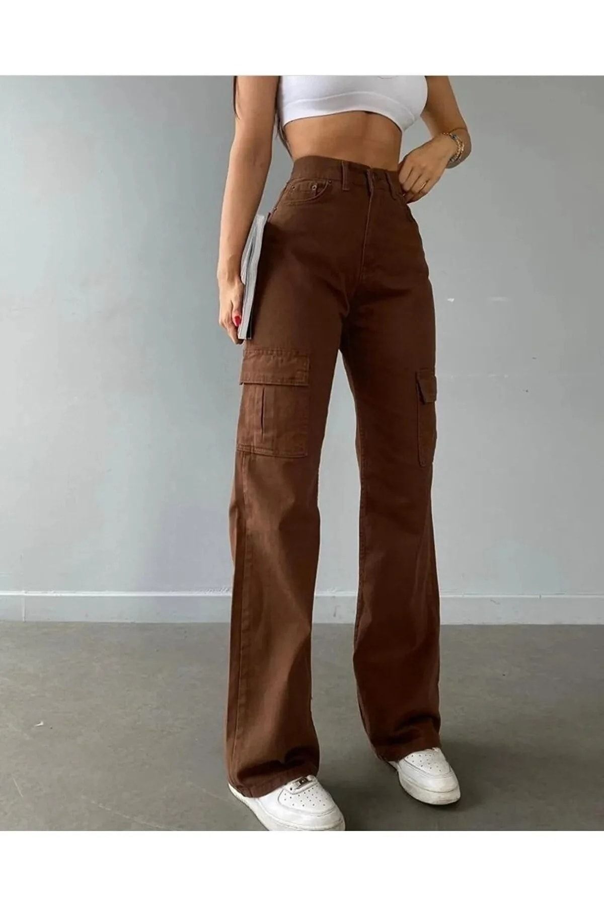 DRC trend-Amiigo Brown Cargo Pocket Lycra High Waist Wide Leg Back Pocketless Pants 3