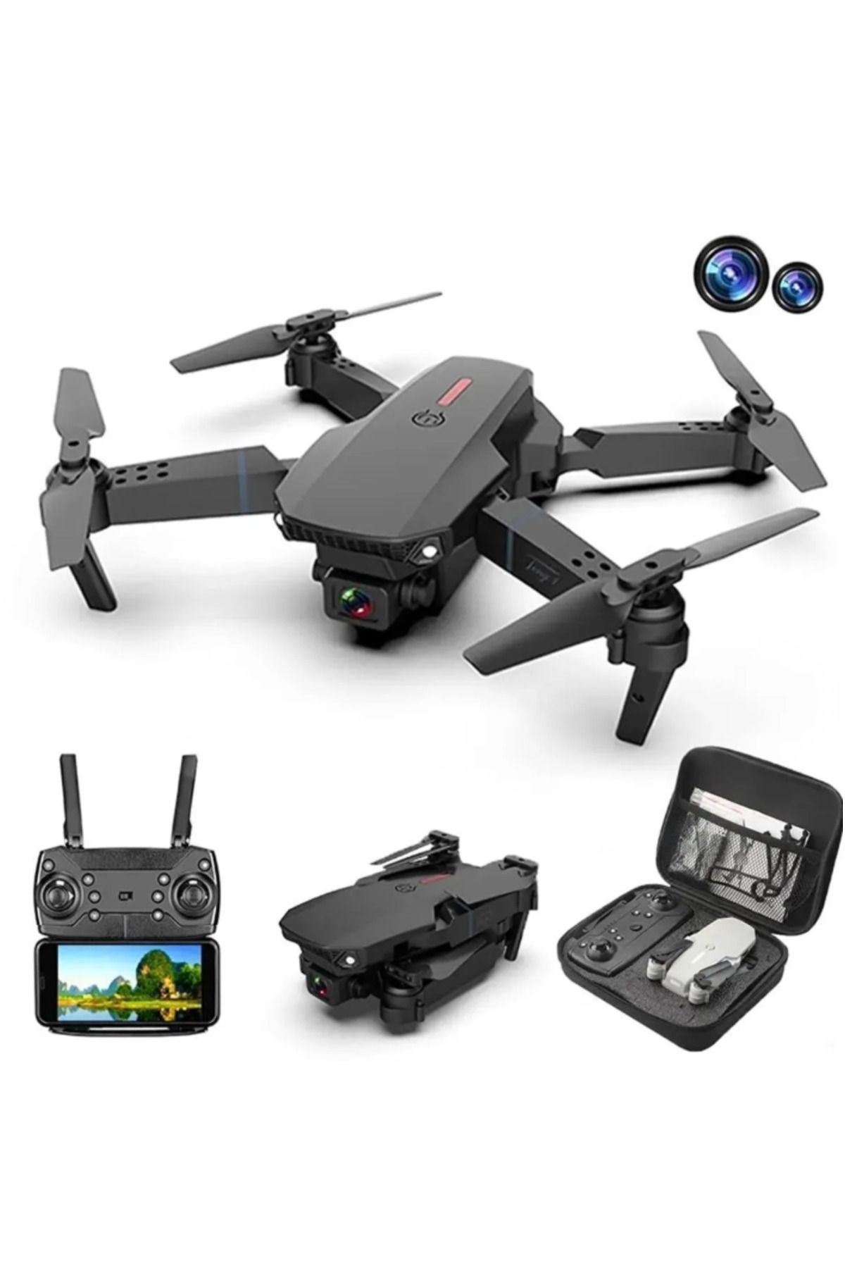 qasul E88 DRONE 4K HD ÇİFT KAMERALI DRONE APP KONTROL WİFİ Lİ KATLANABİLİR QUATCOPTER X3 BATARYA
