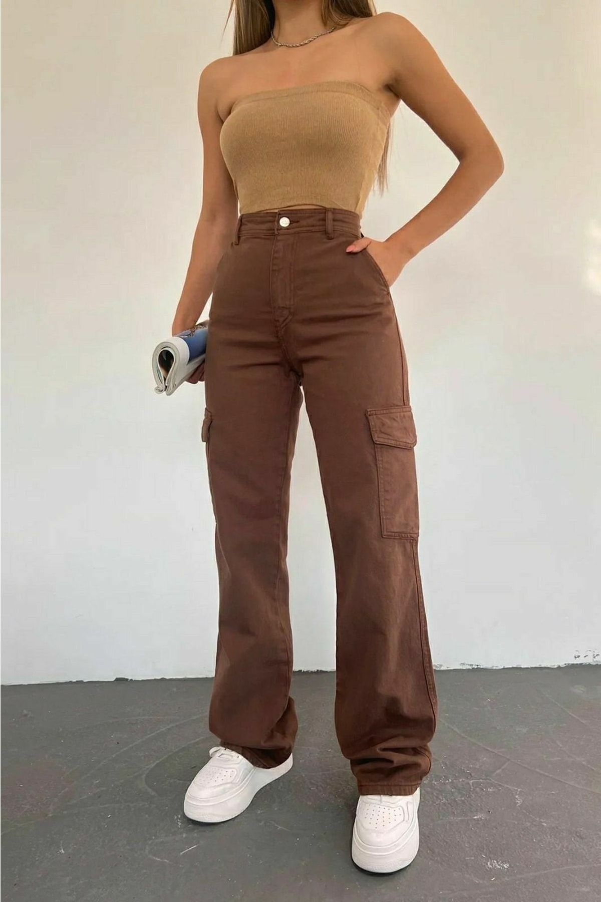 DRC trend-Olinn Women's High Waist Brown Cargo Pocket Back Pocketless Extra High Waist Palazzo Jean Pants 2