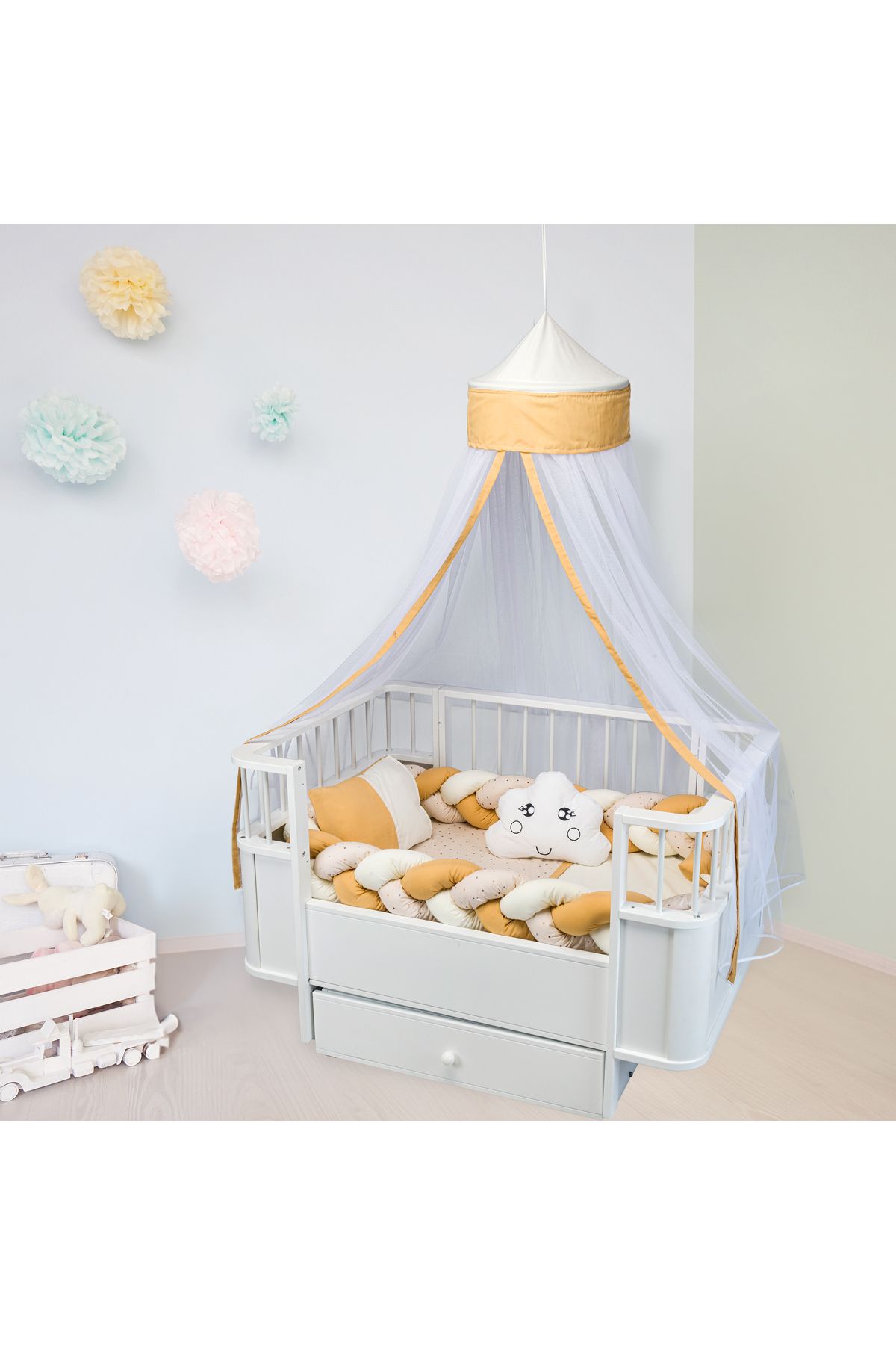 TUGU HOME&BABY ÖRGÜLÜ PAMUKLU 6 PARÇA 70x130 cm BEŞİK UYKU SETİ,BEBEK UYKU TAKIMI,ANNE YANI SET