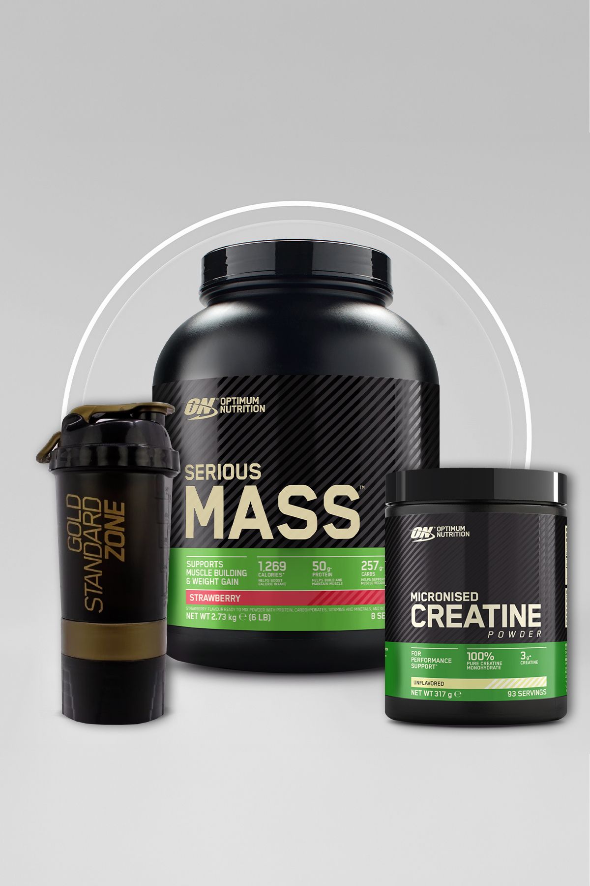 Optimum Nutrition Serious Mass Çilek Aromalı 2.73 8 Servis-ON Creatine Aromasız 317g 93 Servis 2'li Set