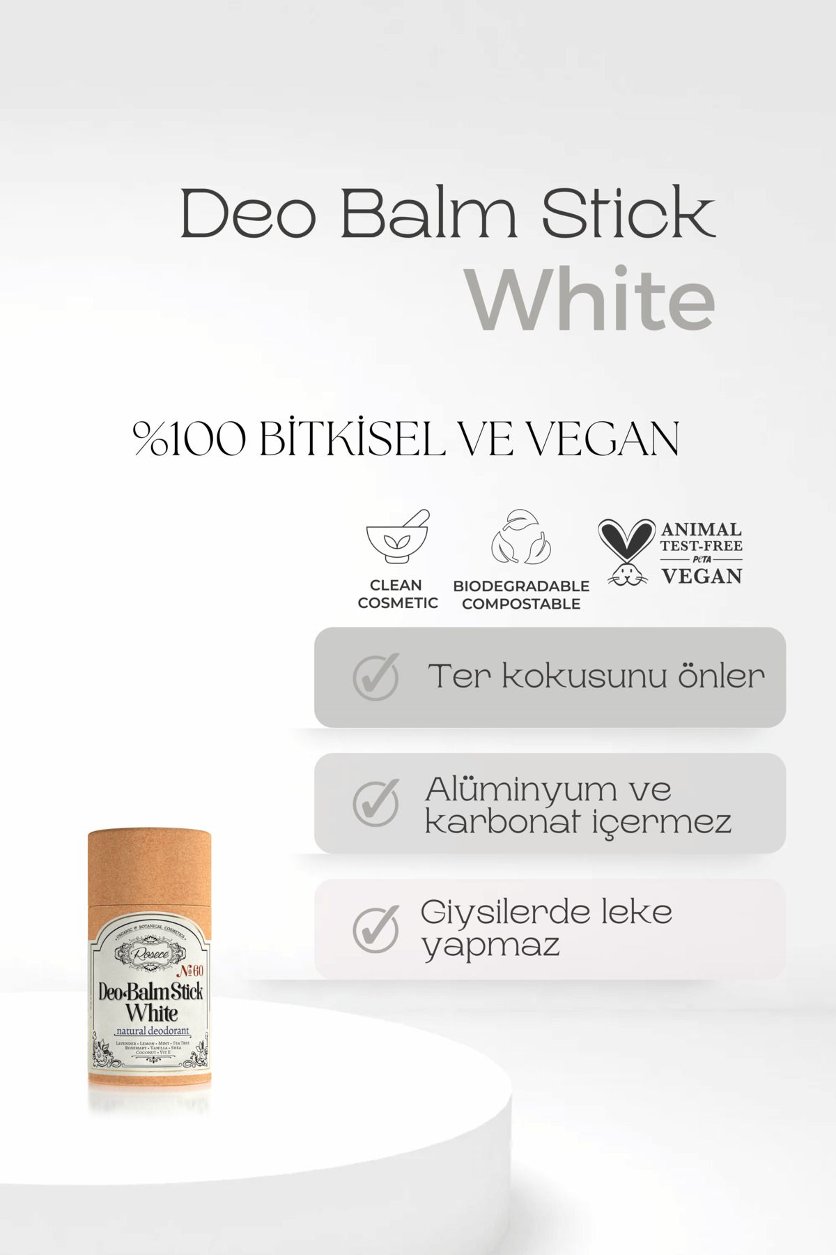 Rosece Mini Deo Balm Stick White | Doğal Koltuk Altı Deodorant Roll On Vegan | Unisex 12 ml