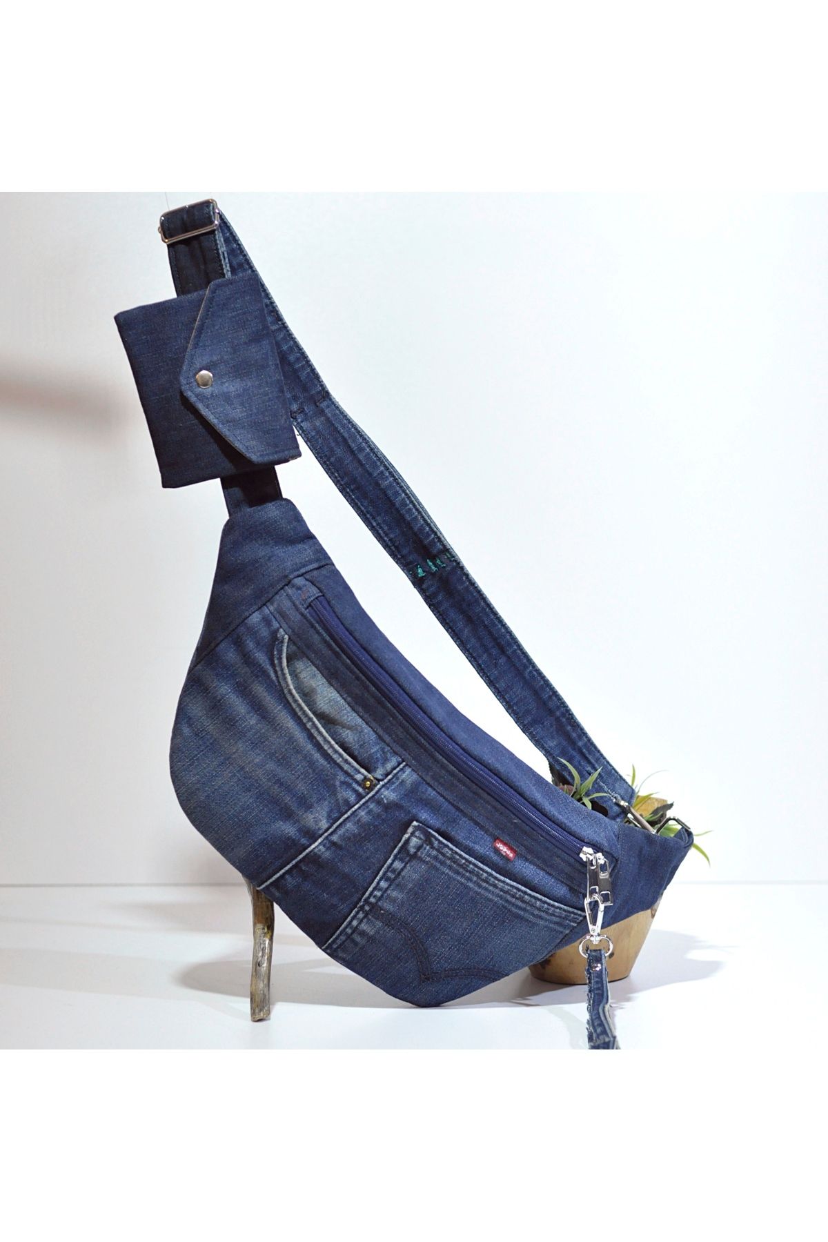 minart design Lacivert Denim LVS Cüzdan hediyeli Krem Rengi astar Çapraz Kullanıma Uygun Bel Çantası