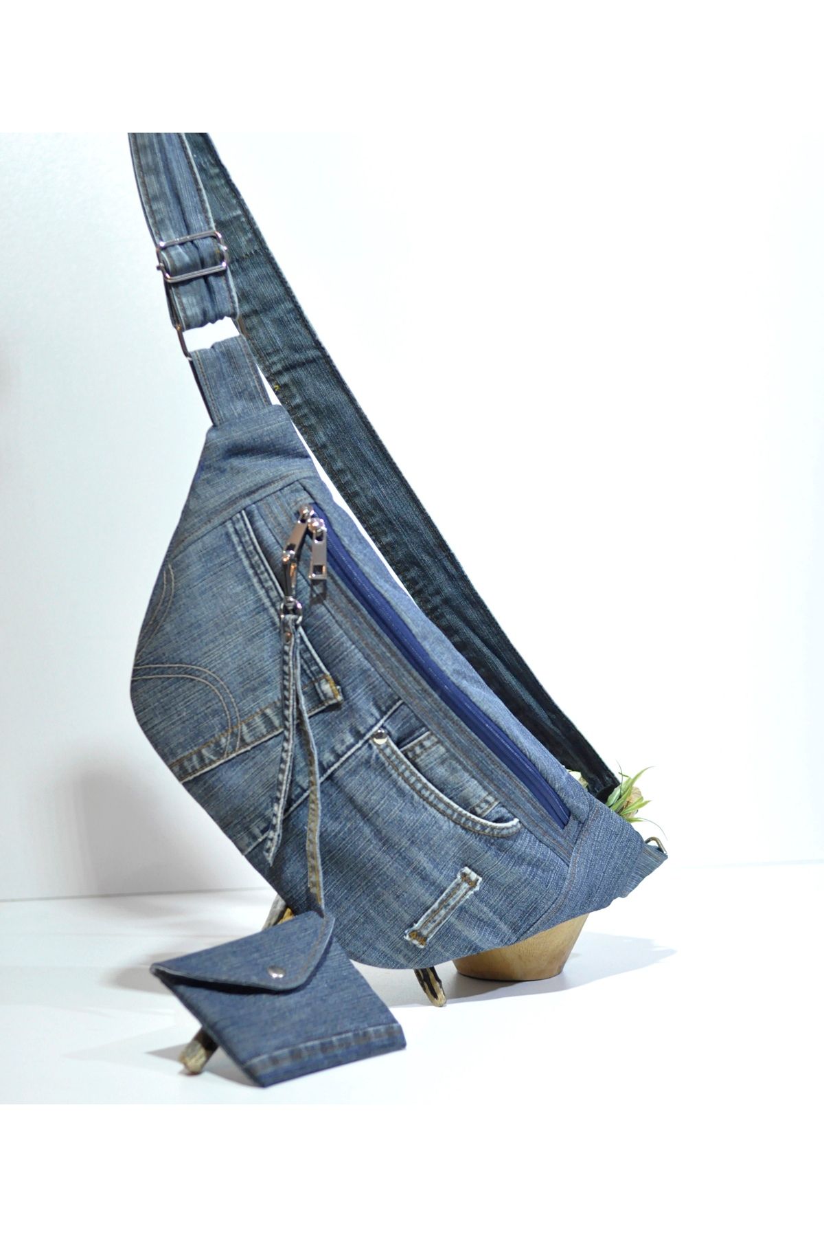 minart design Mavi Denim Cüzdan Hediyeli Çapraz Kullanıma Uygun Bel Çantası