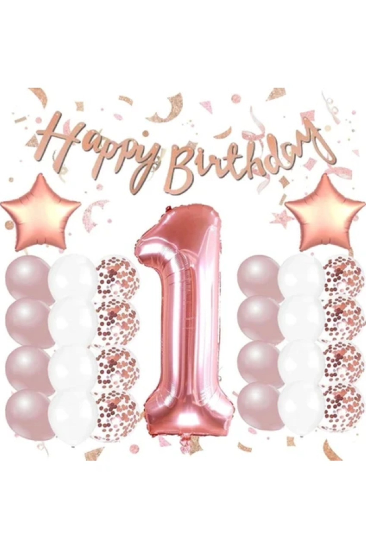 BALON DİYARI Rose Gold 1 Yaş Doğum Günü Kutlama Seti; Beyaz Gold Konfetili Balon, Rakam Yıldız Folyo Ve Banner