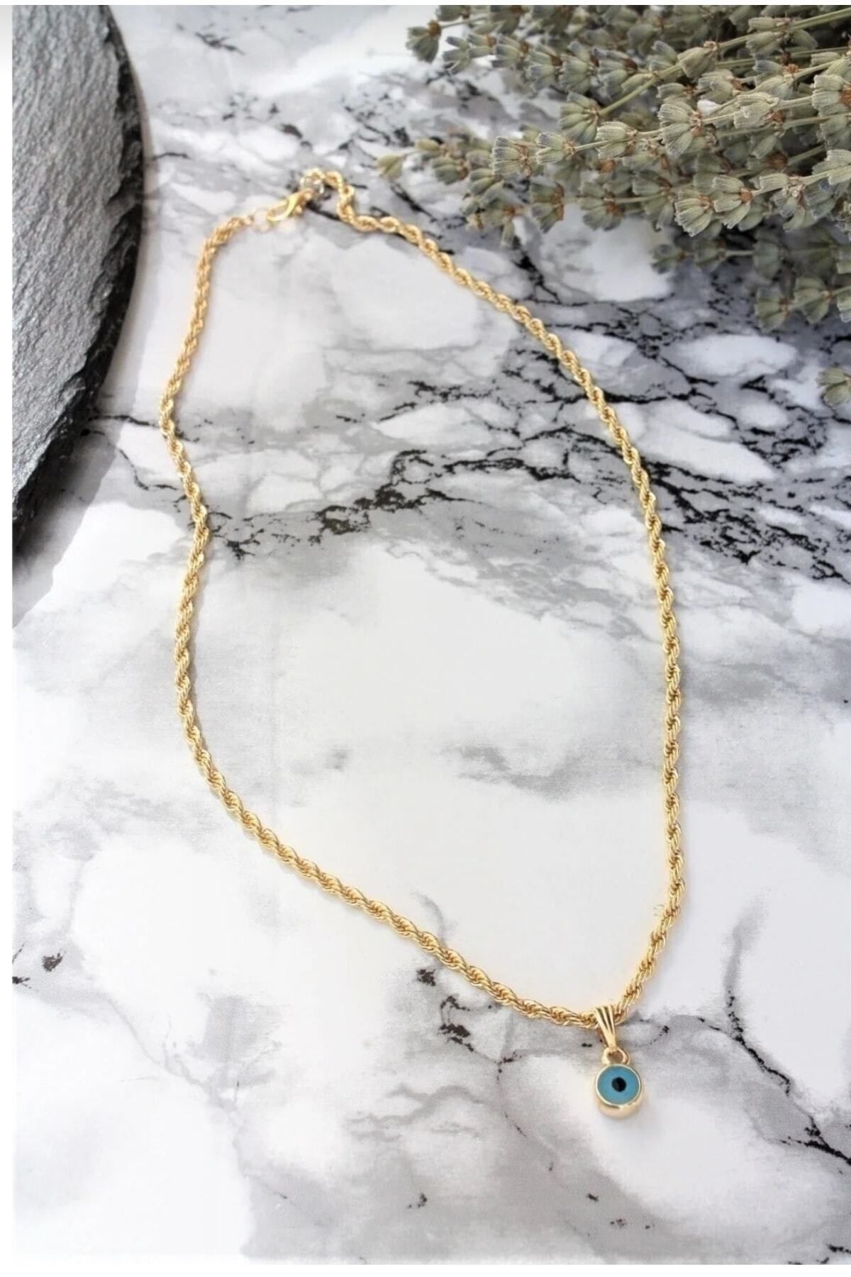 JEWELRY Hasır Zincir Nazar Kadın Gold Kaplama Gözü Kolye Mineli