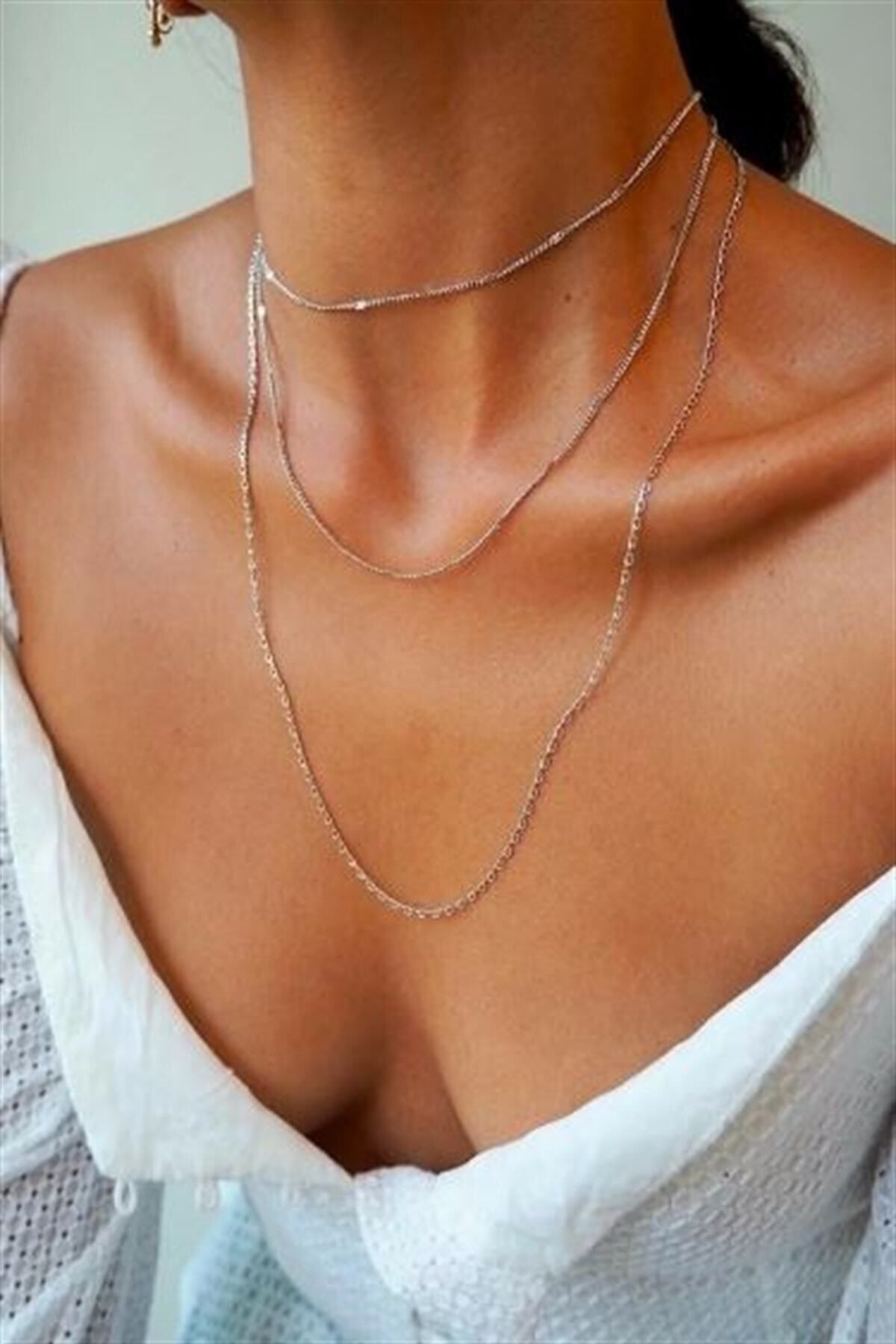JEWELRY Kadın Üçlü Şeri Zincir Kolye Silver Katmanlı Kolye Choker Uzun Çoklu Kolye