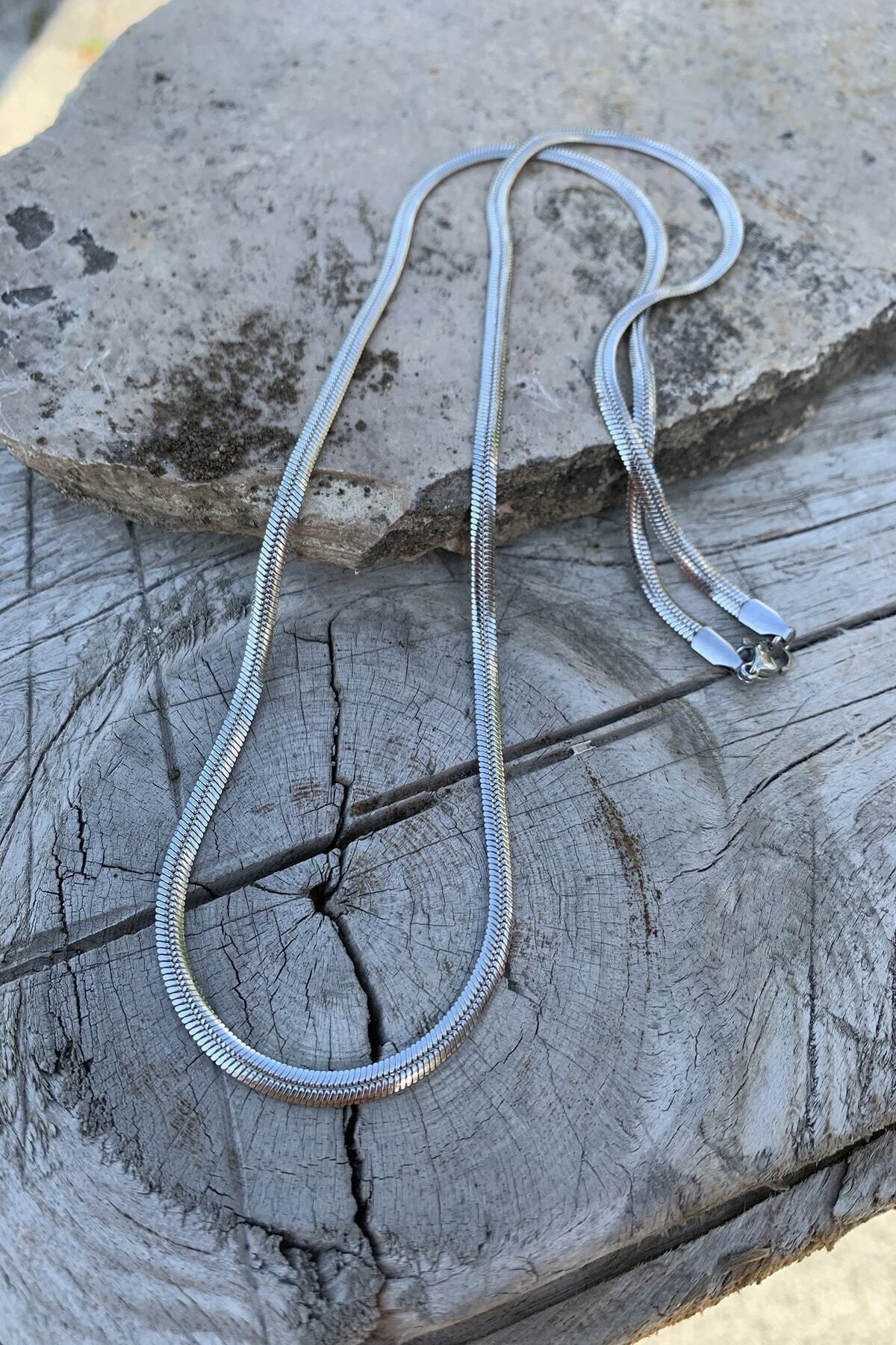 JEWELRY Yassı Balıksırtı Silver Gri 60cm 5mm Kalınlık Çelik Kolye
