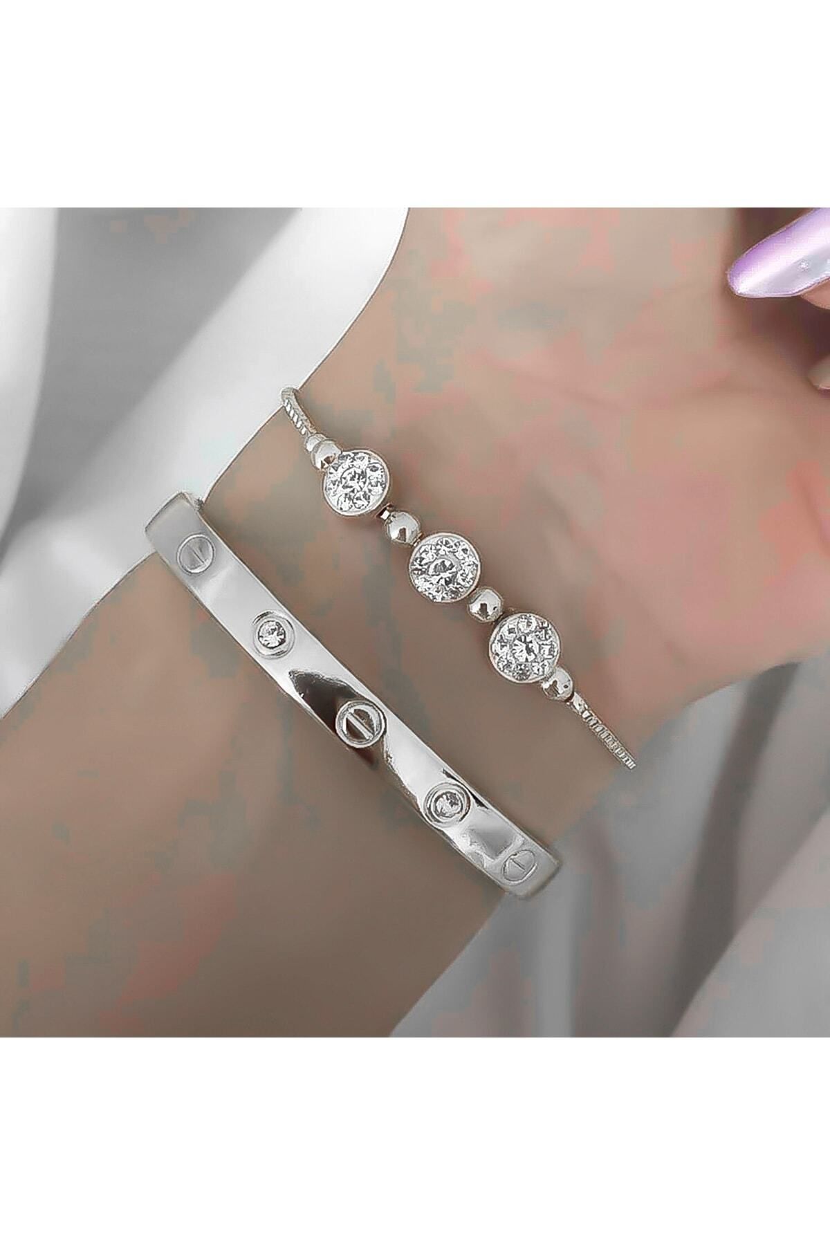X-Lady Accessories Gümüş Renk Kombin Bileklik Seti Kelepçe Taşlı Bileklik Ve Zirkon Macun Bileklik - 1036
