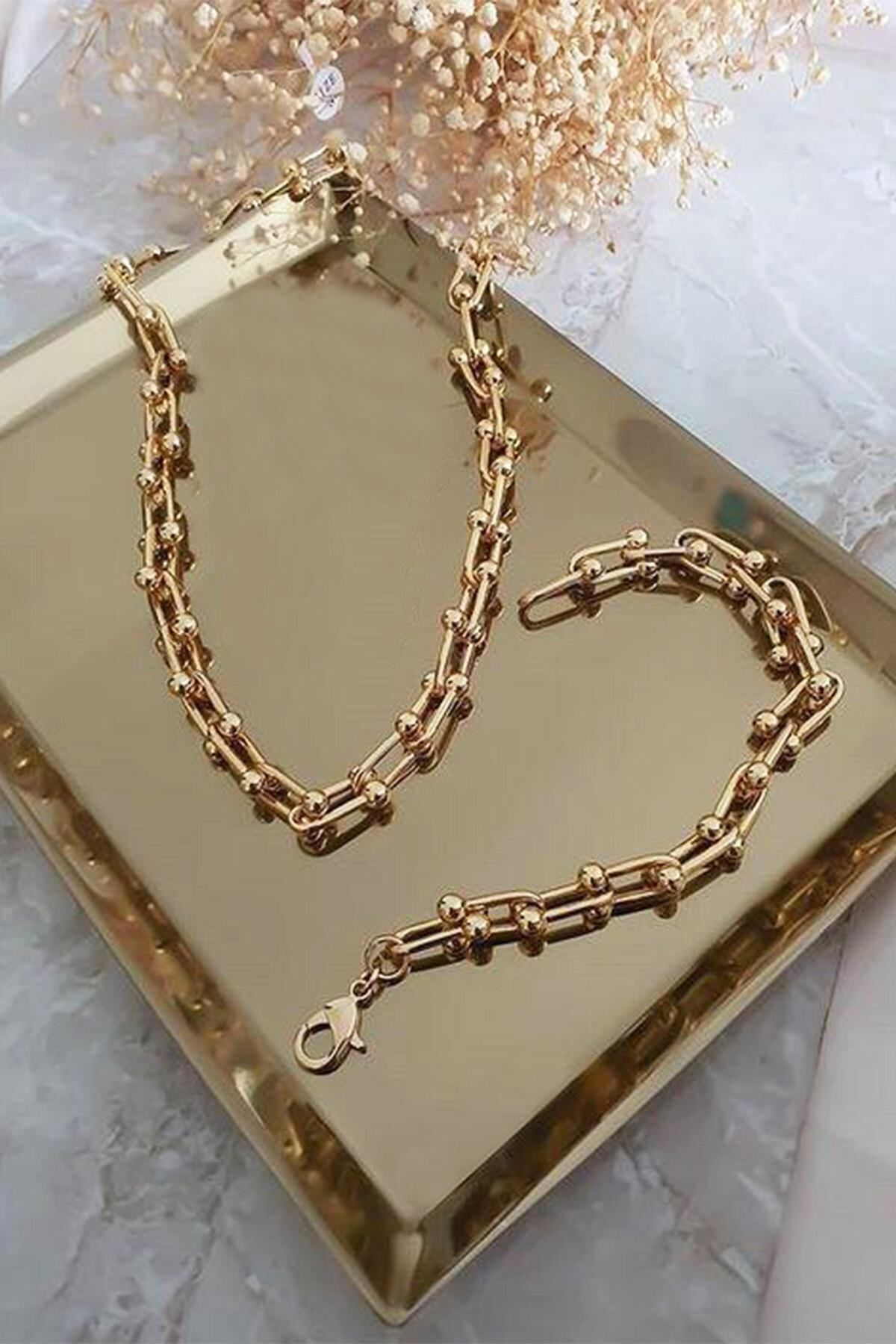 JEWELRY Kadın 2'li Gold Kaplama Lüx Model Kalın Zincir Kolye Ve Bileklik Seti - 2 Adet