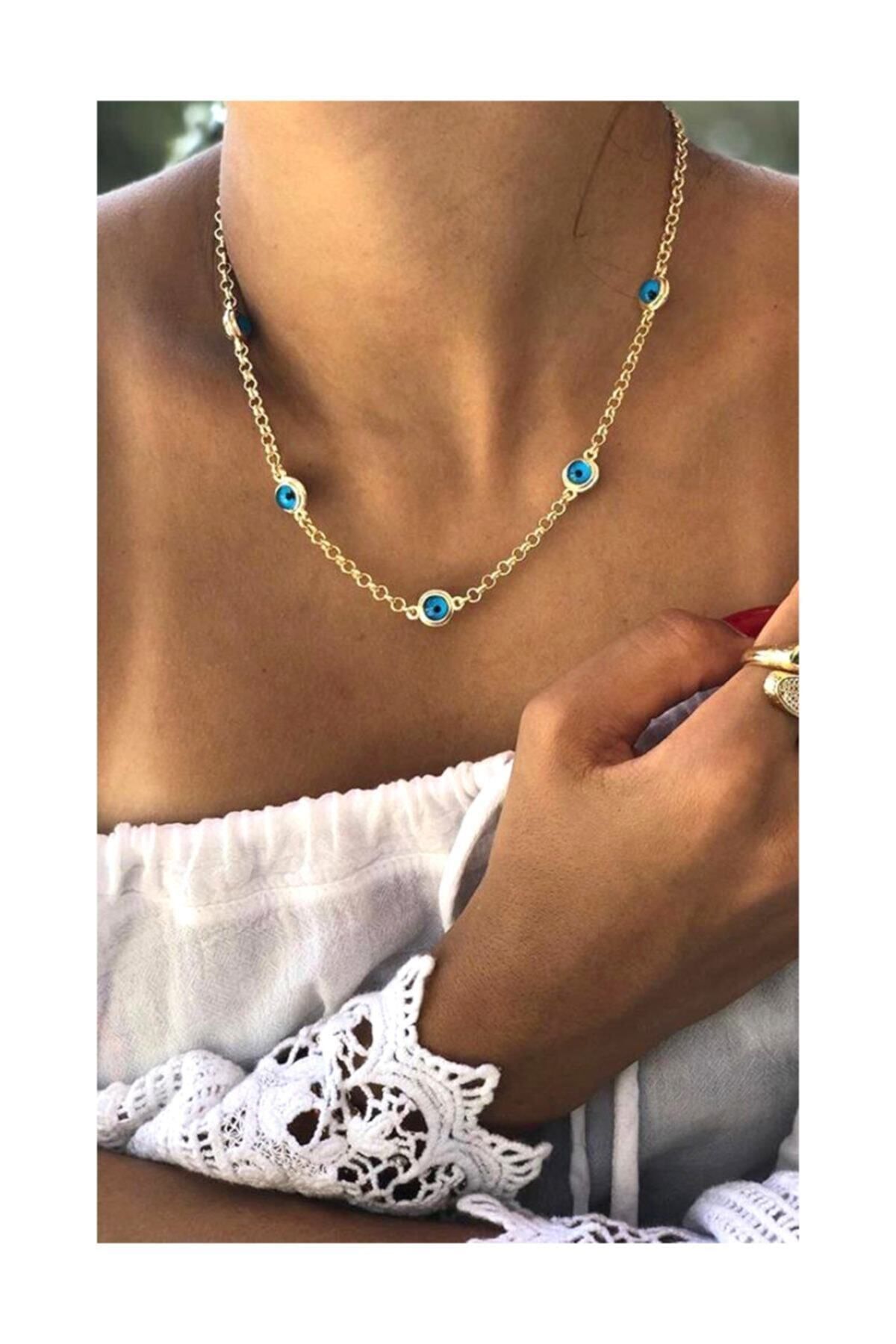 JEWELRY Kaplama Zincir Altın Boncuklu Kolye Beş Nazar