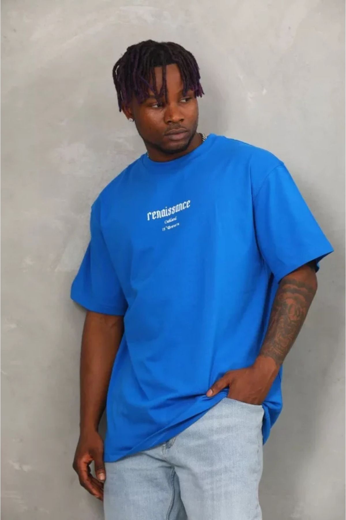 Asap Unisex Oversize Baskılı Bisiklet Yaka T-Shirt - Mavi